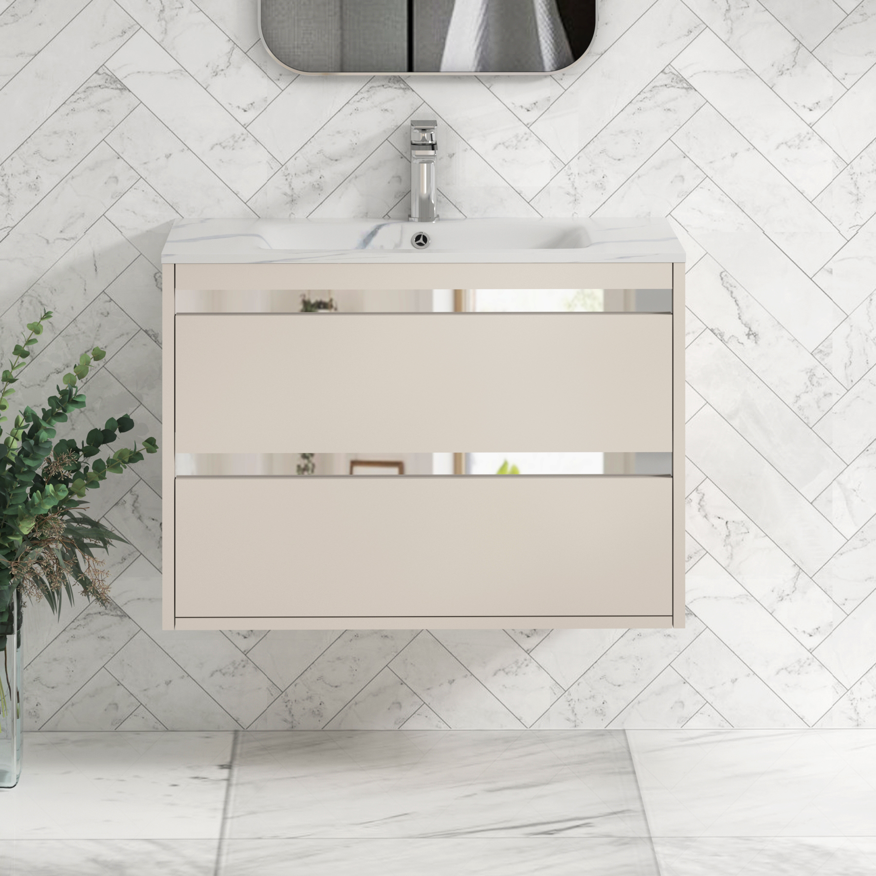 Orion Wall Hung Vanity Unit 2 Drawer Warm Taupe with Carrara White Basin