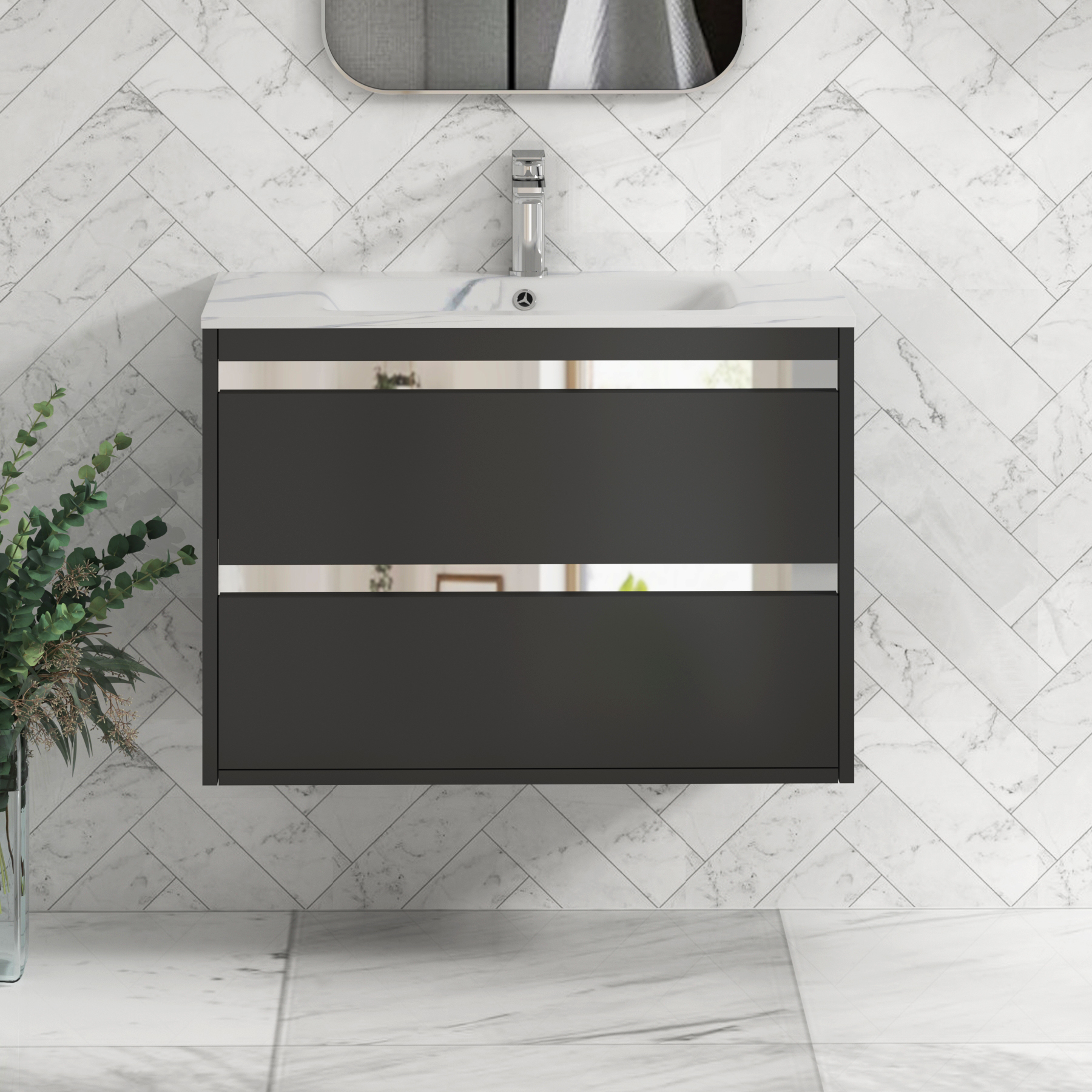 Orion Wall Hung Vanity Unit 2 Drawer Matt Obsidian Black with Carrara White Basin