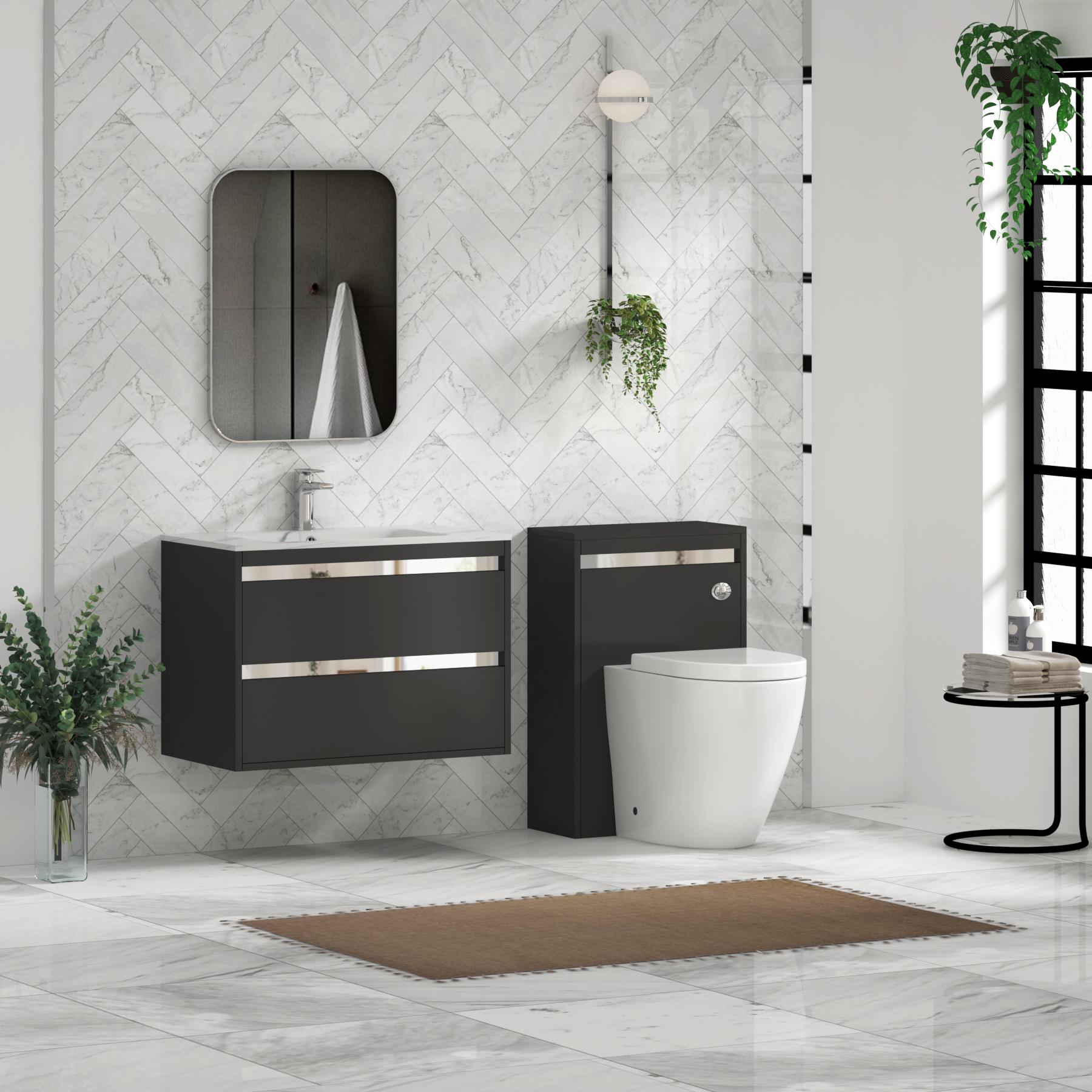 Orion Wall Hung Vanity Unit 2 Drawer Matt Obsidian Black with Carrara White Basin