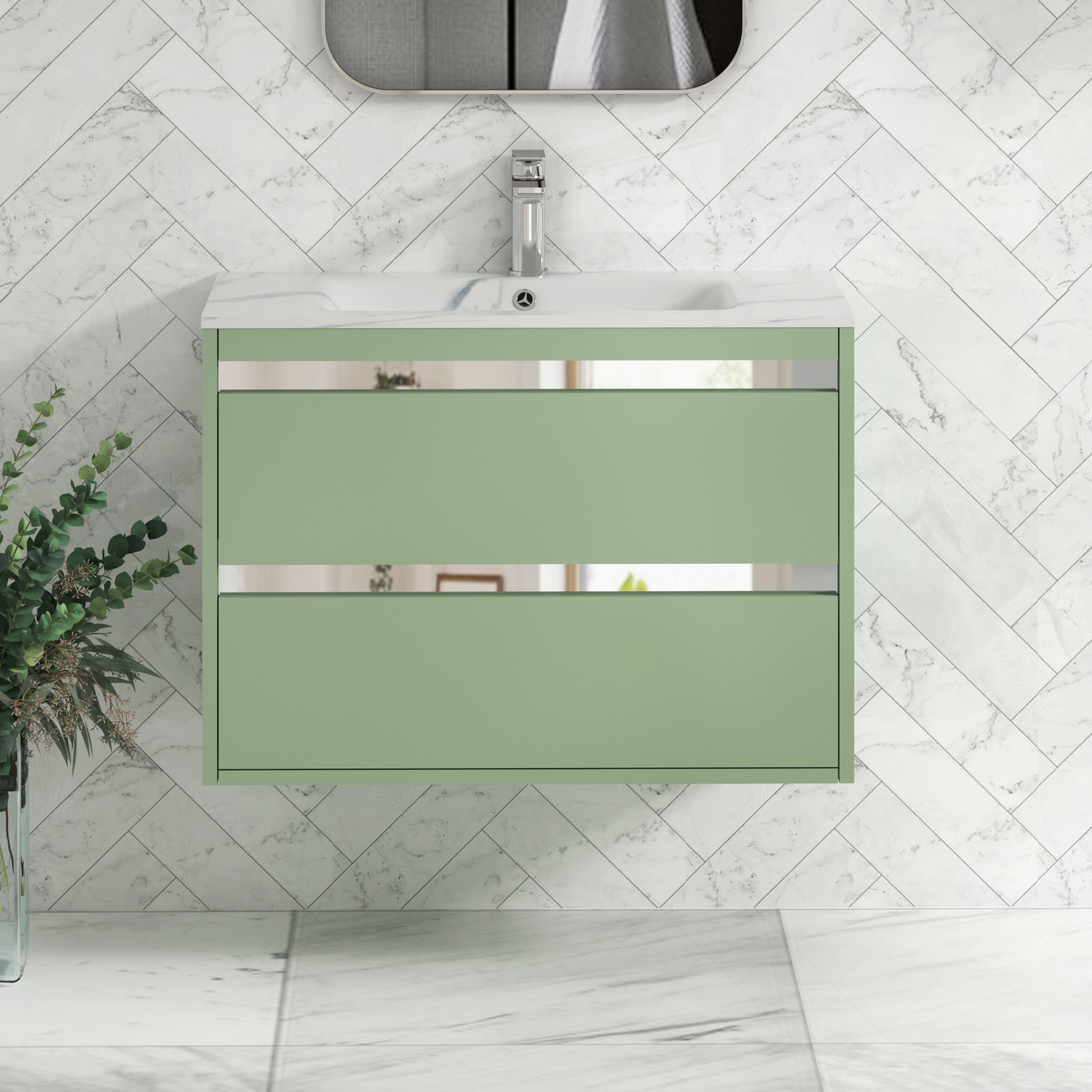 Orion Wall Hung Vanity Unit 2 Drawer Mint Sage with Carrara White Basin
