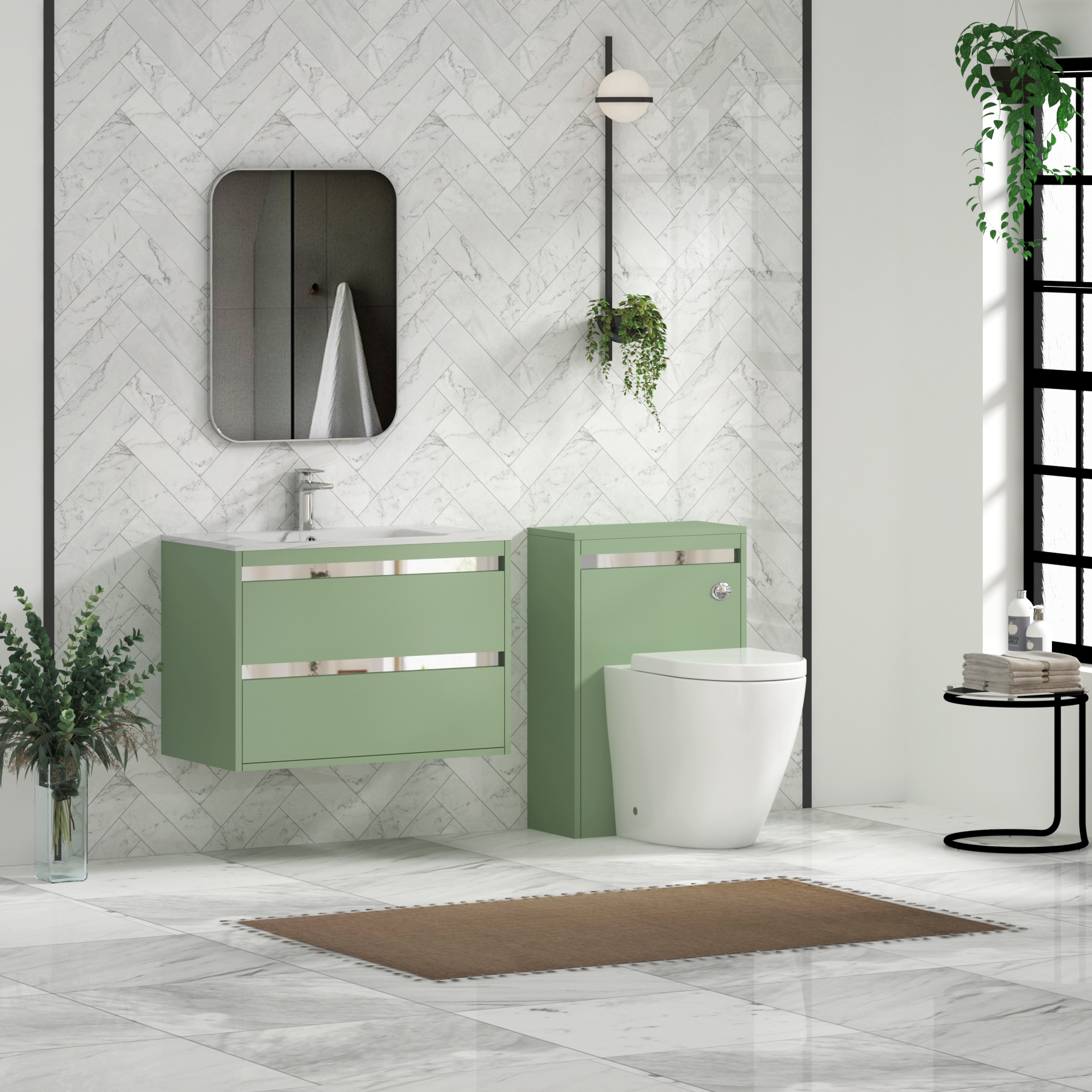Orion Wall Hung Vanity Unit 2 Drawer Mint Sage with Carrara White Basin