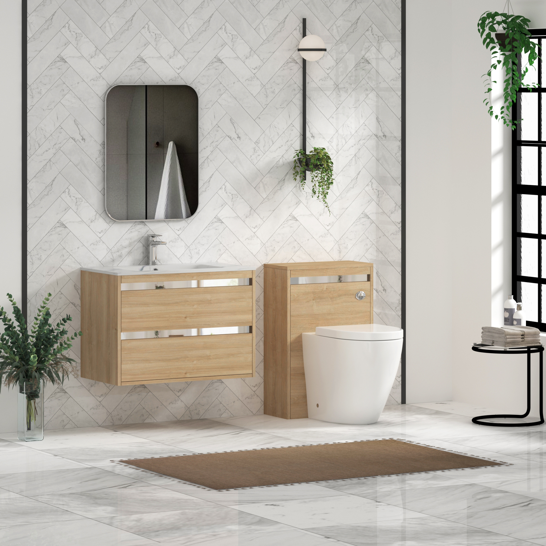 Orion Wall Hung Vanity Unit 2 Drawer Natural Oak with Carrara White Basin