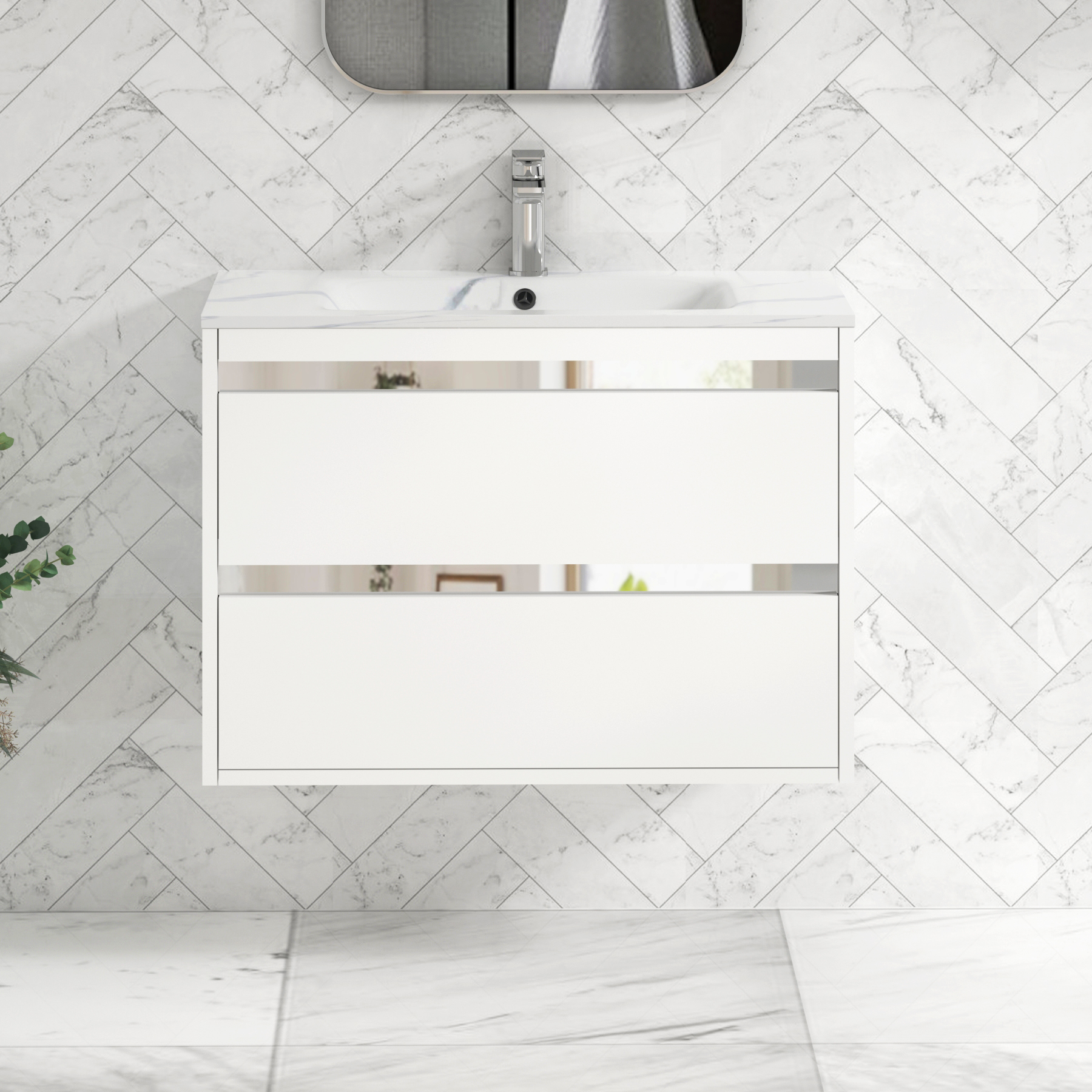 Orion Wall Hung Vanity Unit 2 Drawer Matt White with Carrara White Basin