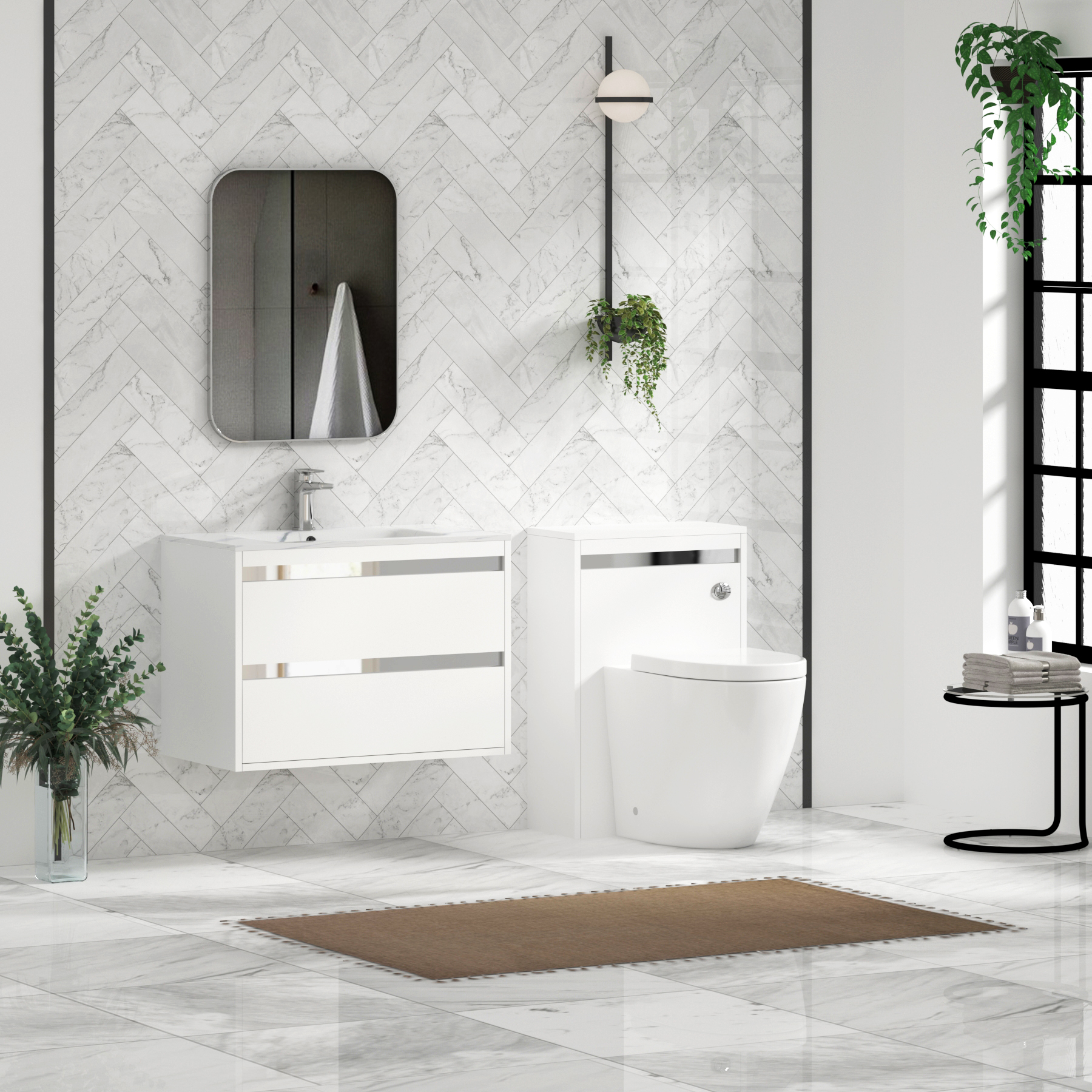 Orion Wall Hung Vanity Unit 2 Drawer Matt White with Carrara White Basin