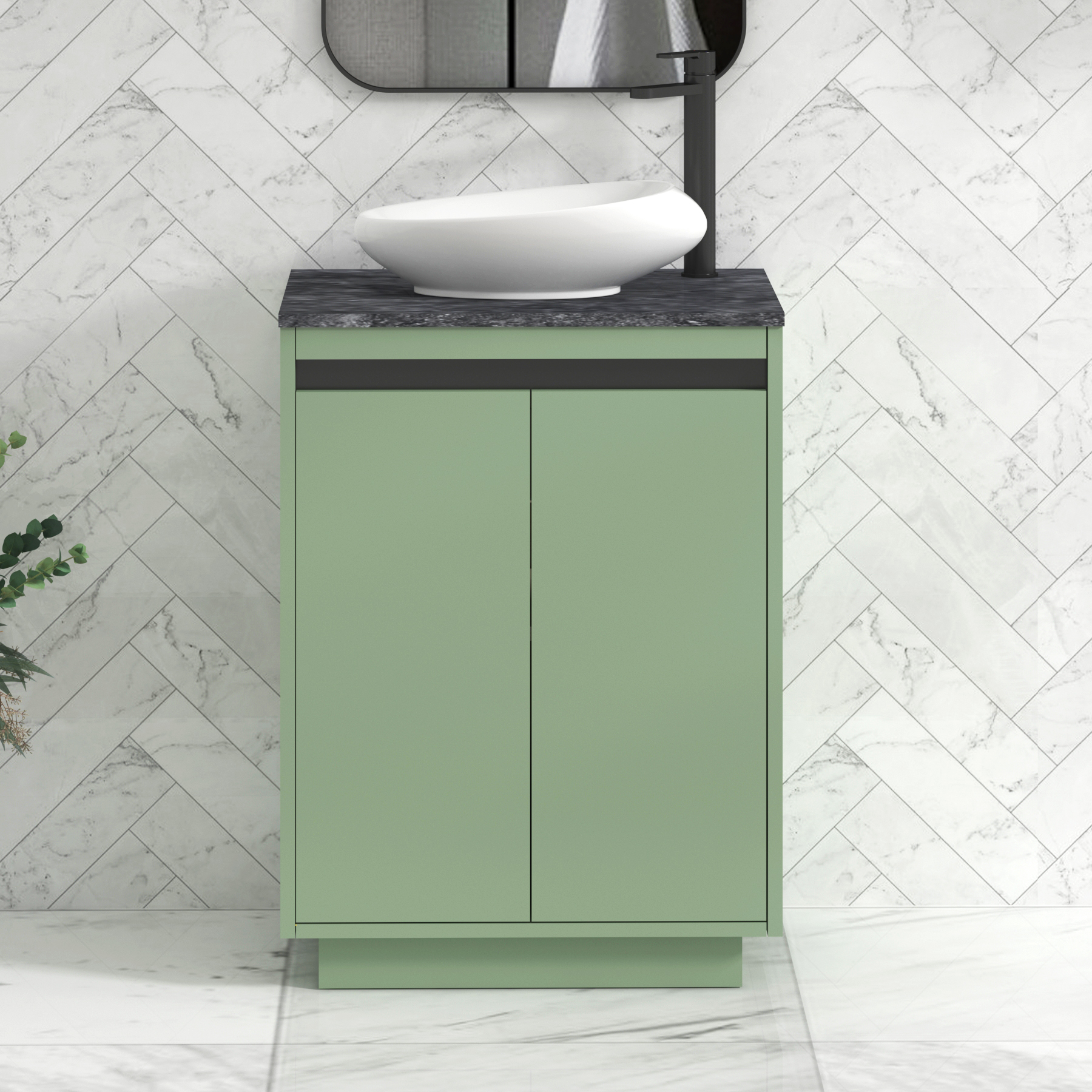 Orion 600mm Mint Green Floor Standing Countertop Vanity Unit 2 Door with Nova Basin & Black Strip - Black Star