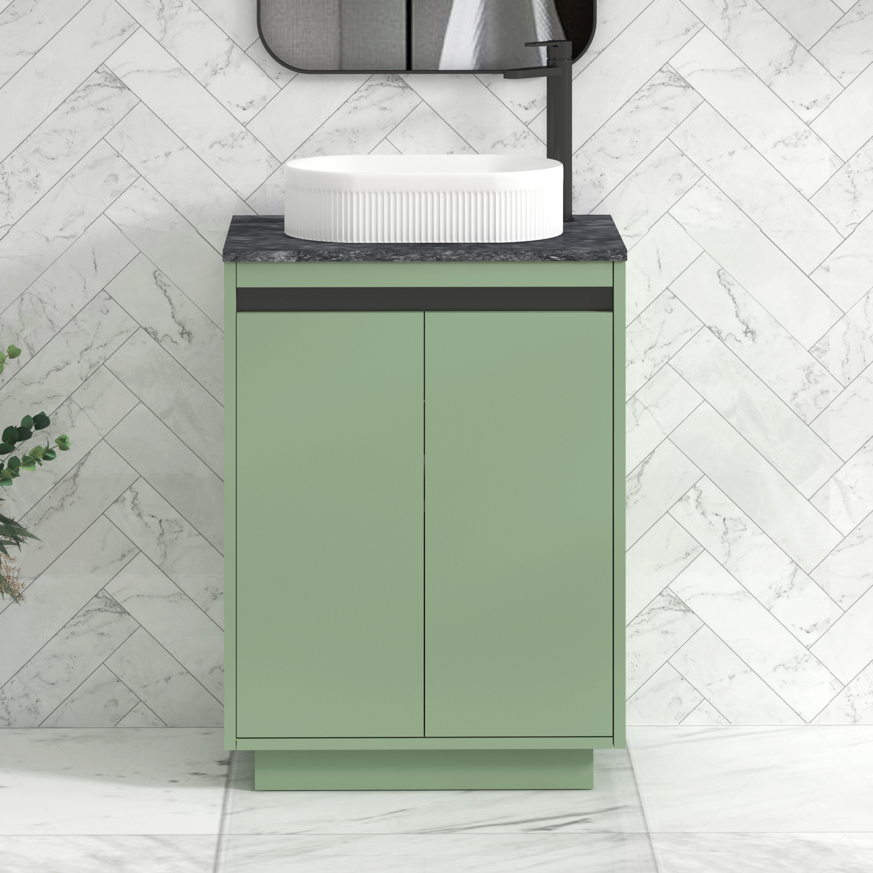 Orion 600mm Mint Green Floor Standing Countertop Vanity Unit 2 Door with Lyon Basin & Black Strip - Black Star