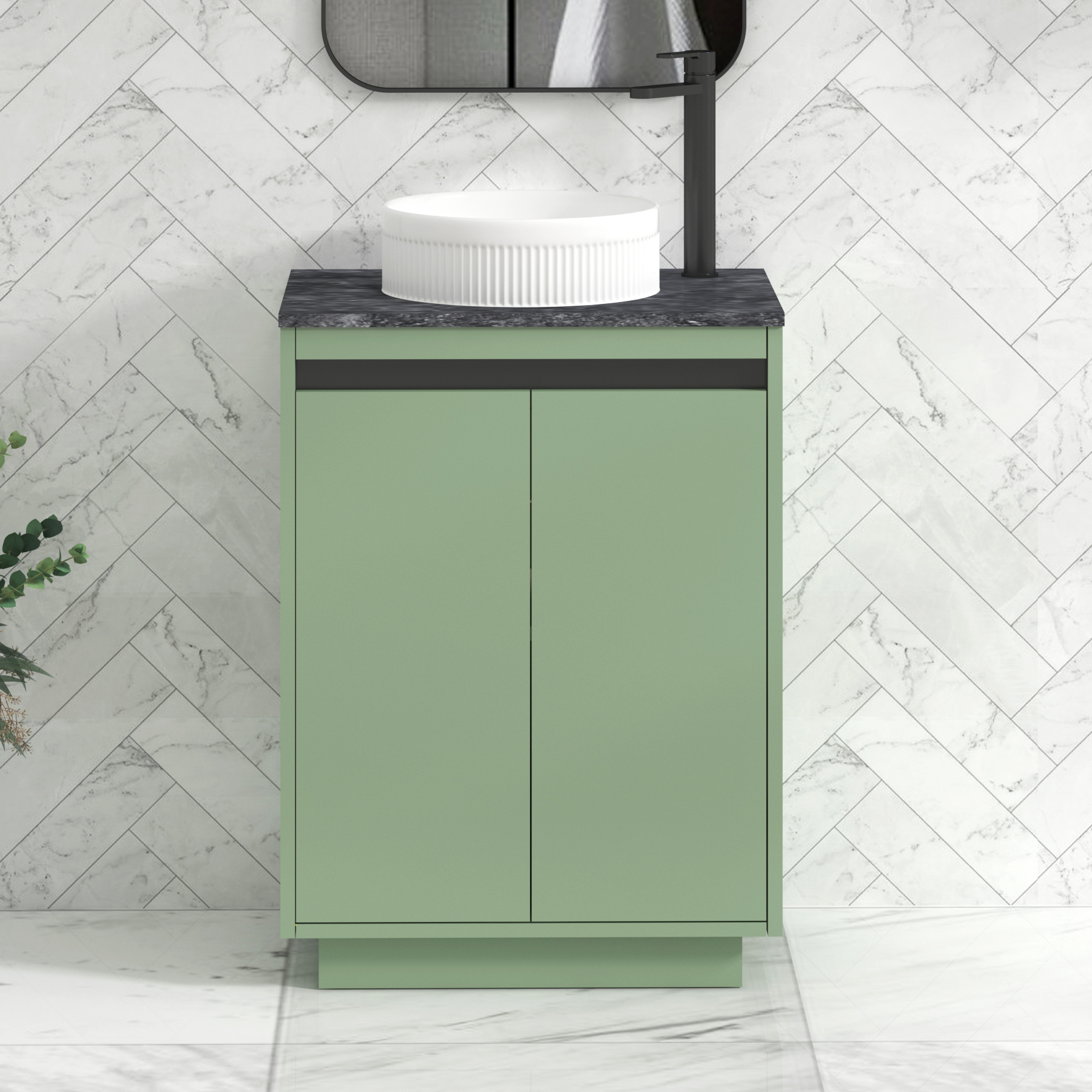 Orion 600mm Mint Green Floor Standing Countertop Vanity Unit 2 Door with Round Basin & Black Strip - Black Star