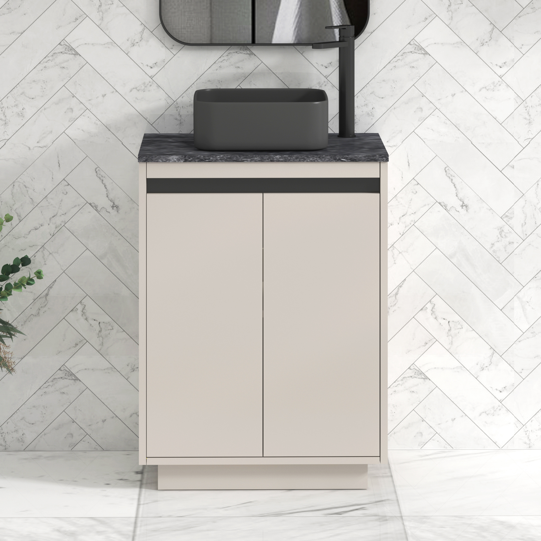 Orion 600mm Beige Floor Standing Countertop Vanity Unit 2 Door with Art Square Basin & Black Strip - Black Star