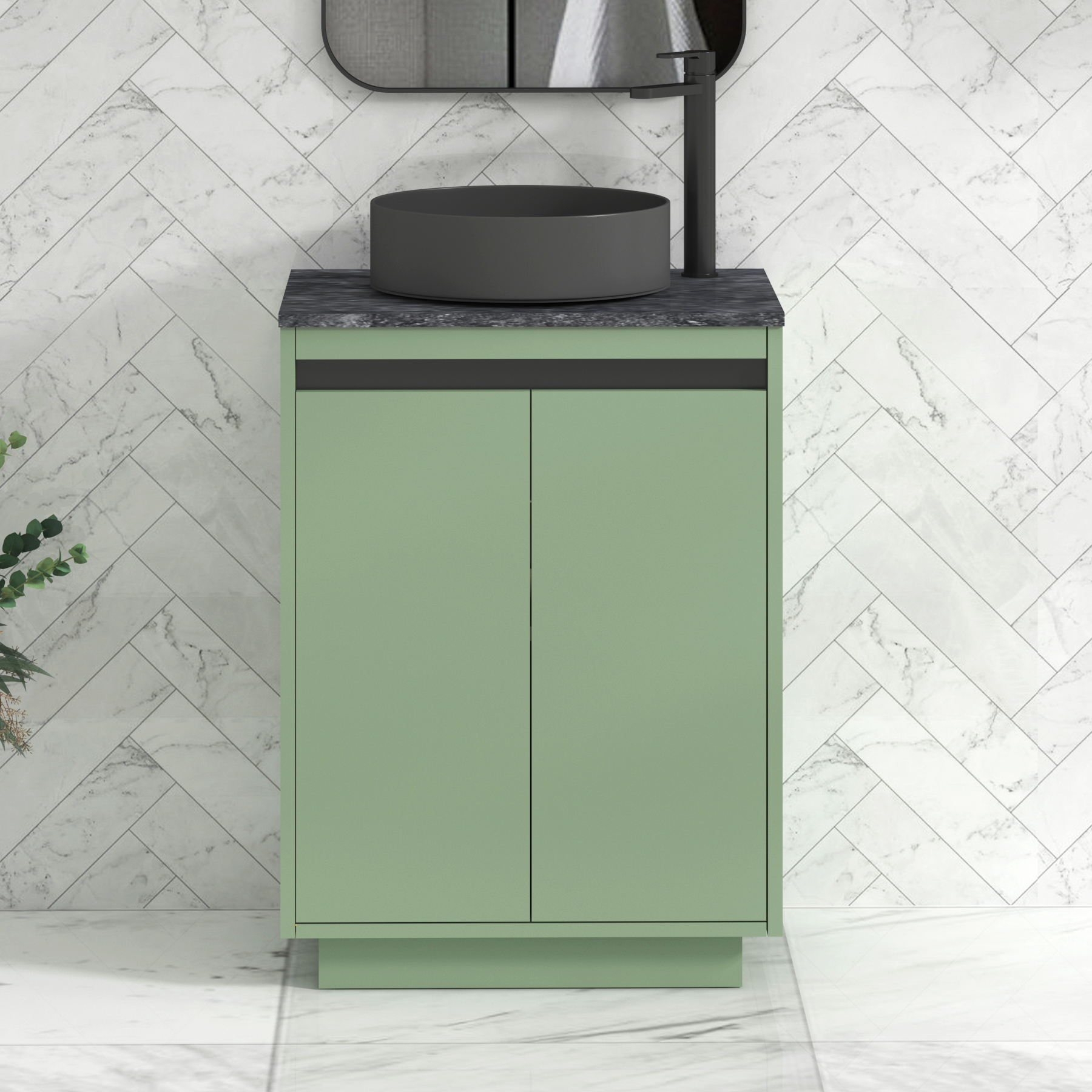 Orion 600mm Mint Green Floor Standing Countertop Vanity Unit 2 Door with Art Round Basin & Black Strip - Black Star