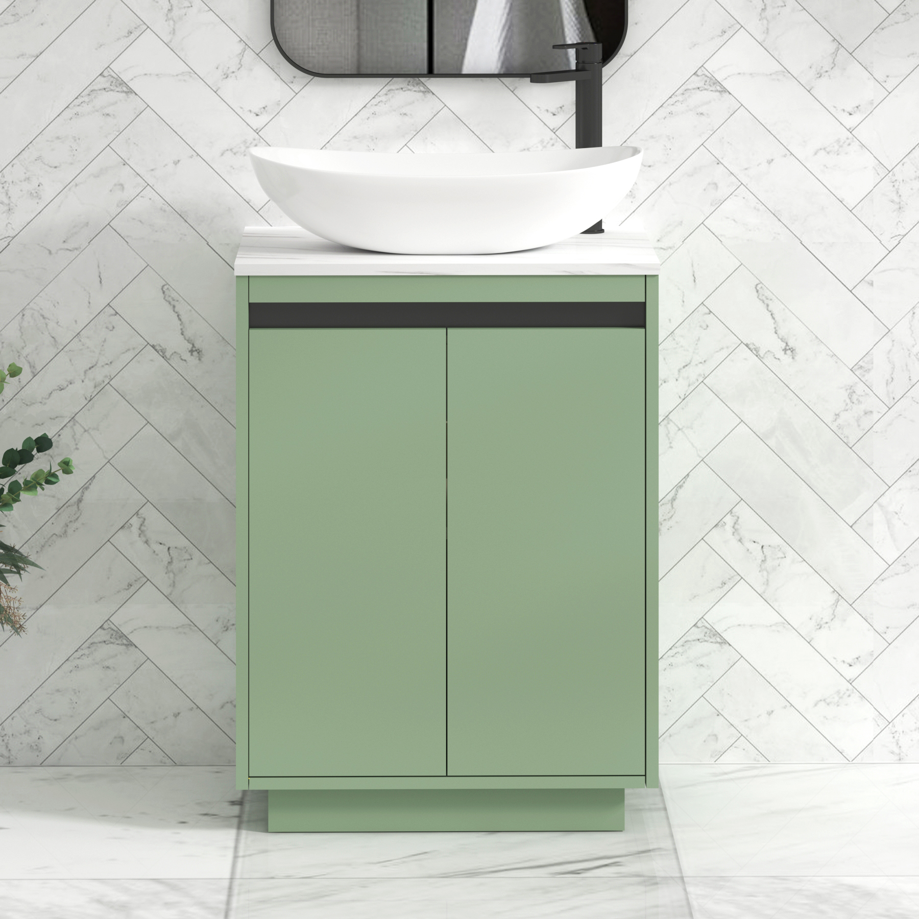 Orion 600mm Mint Green Floor Standing Countertop Vanity Unit 2 Door with Cesar Basin & Black Strip