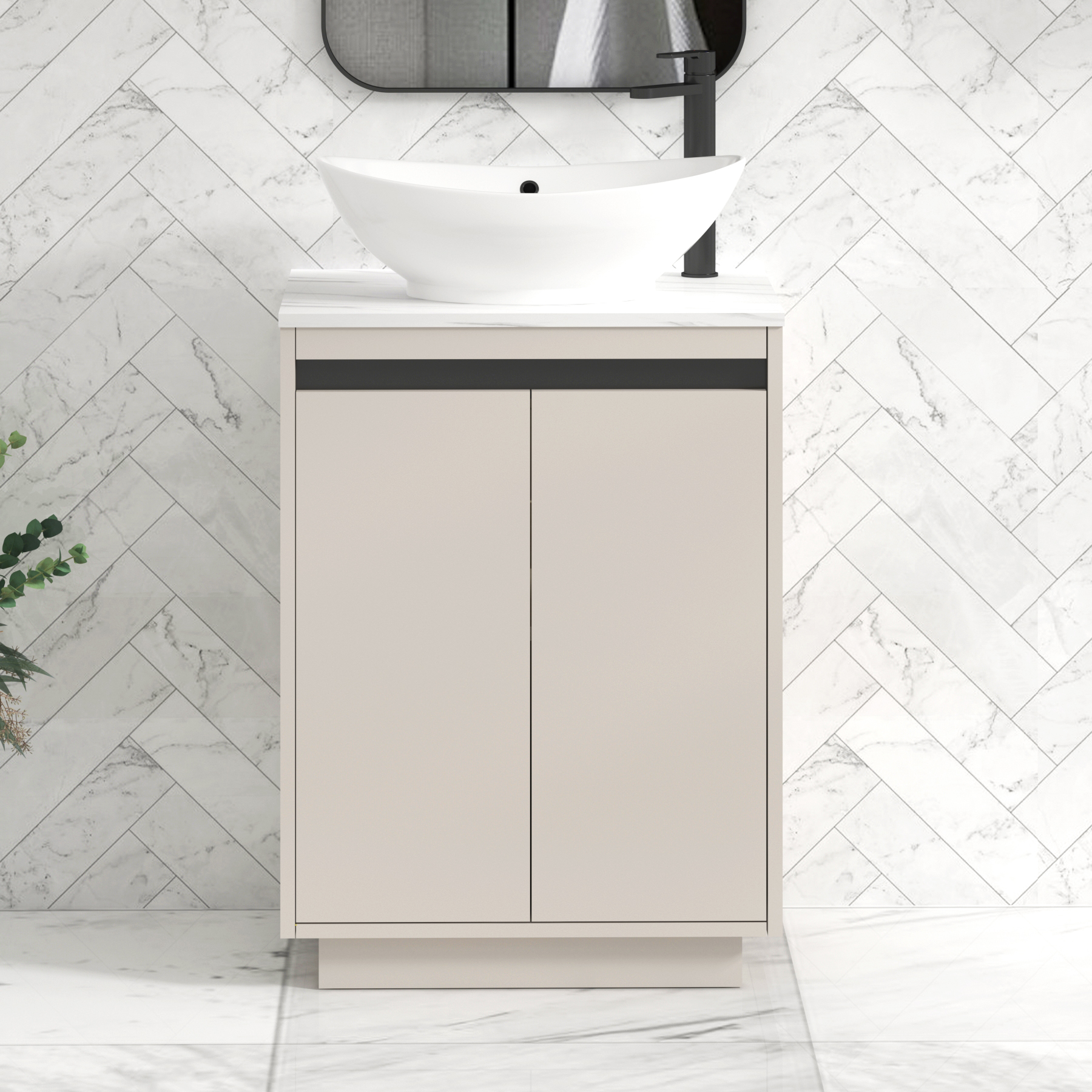 Orion 2 Door Warm Taupe Floor Standing Vanity Unit with Carrara White Top & Countertop Basin | Black Accent Trim