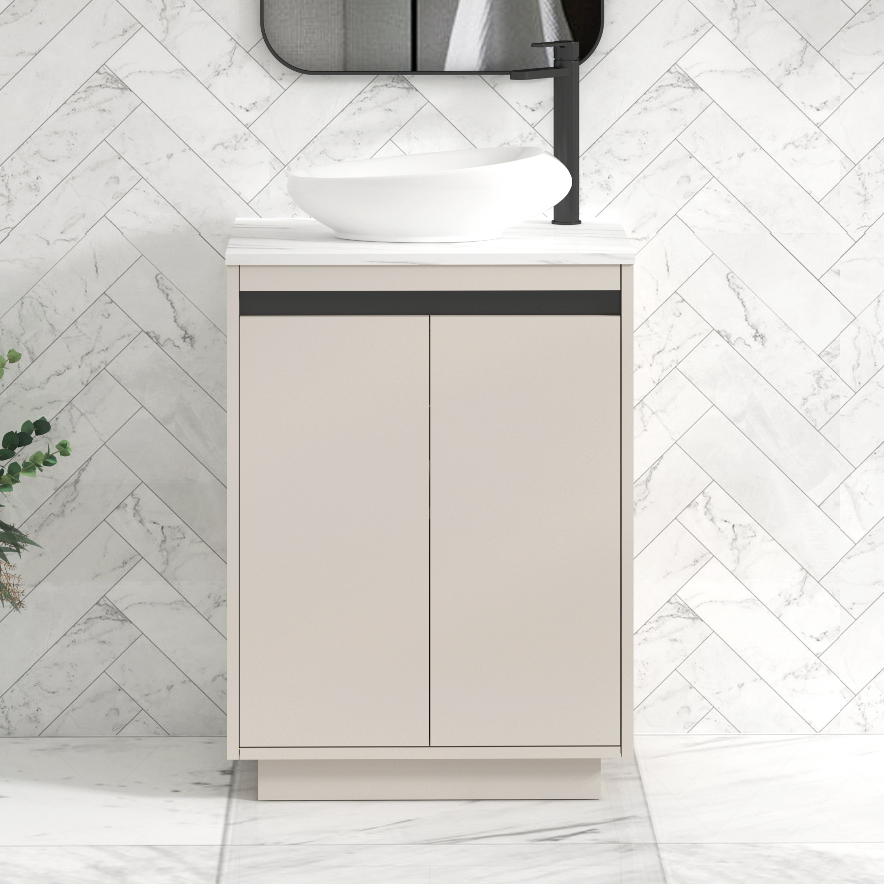 Orion 600mm Warm Taupe Floor Standing Countertop Vanity Unit 2 Door with Nova Basin & Black Accent Trim