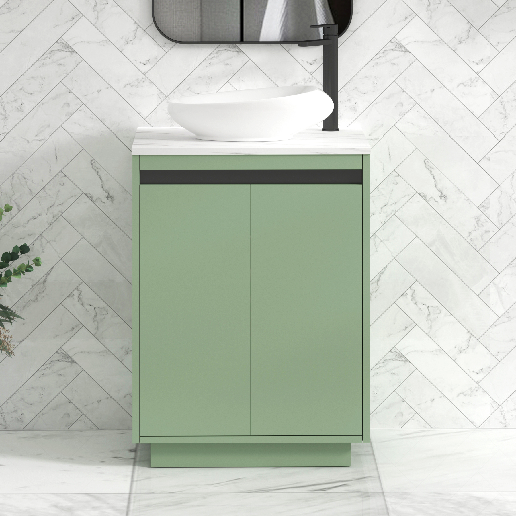 Orion 600mm Mint Green Floor Standing Countertop Vanity Unit 2 Door with Nova Basin & Black Strip