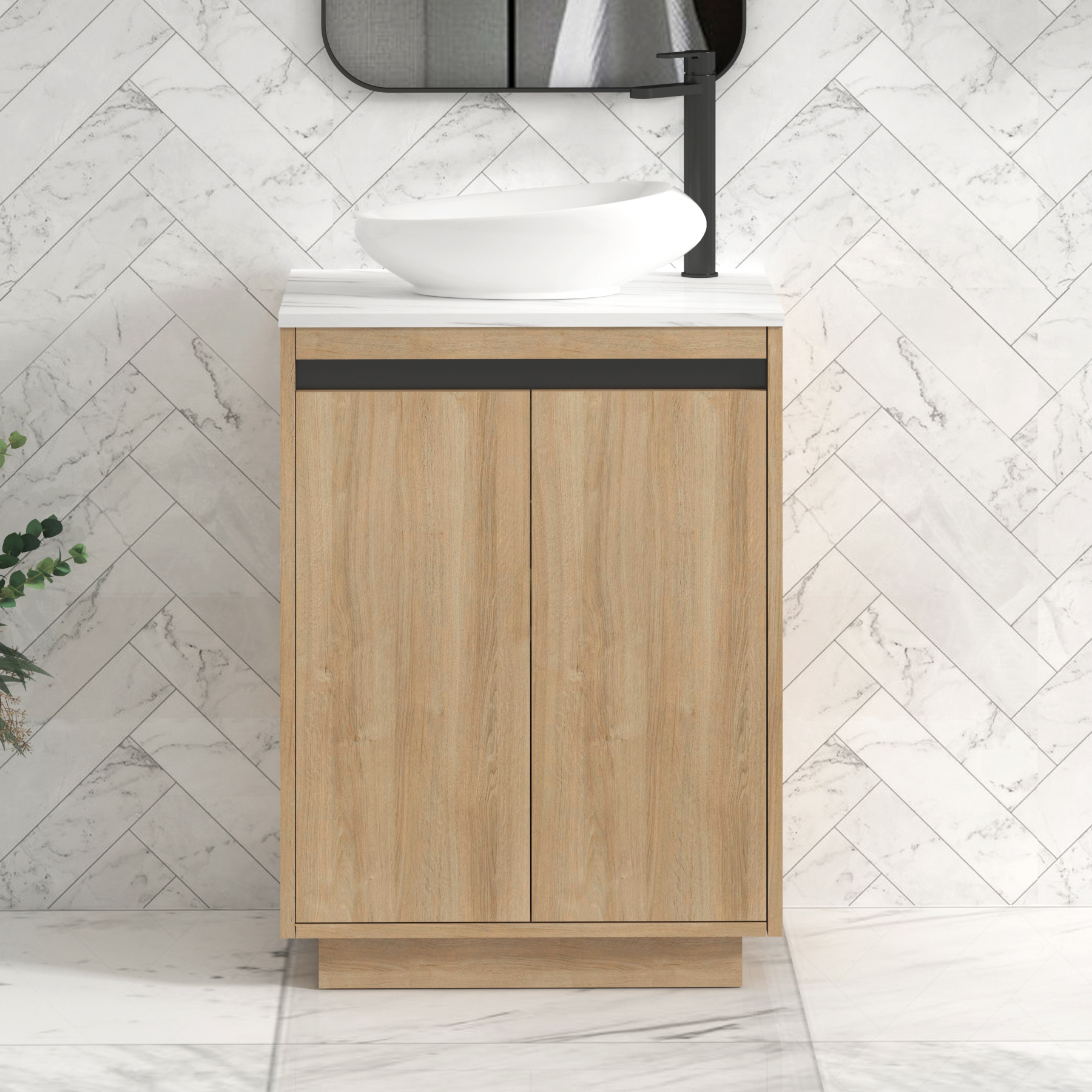 Orion 600mm Natural Oak Floor Standing Countertop Vanity Unit 2 Door with Nova Basin & Black Strip