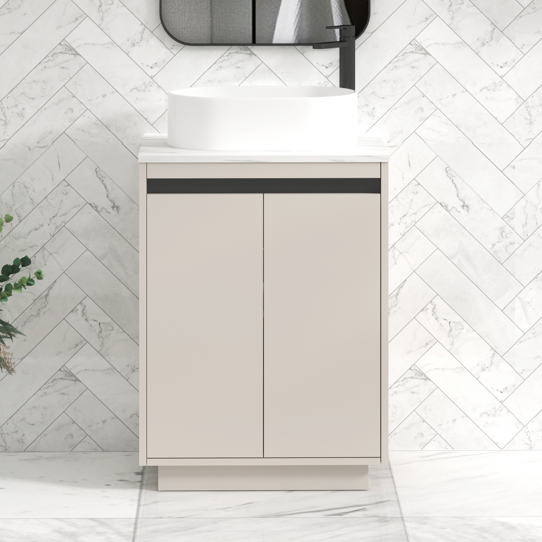 Orion 600mm Beige Floor Standing Countertop Vanity Unit 2 Door with Peak Basin & Black Strip