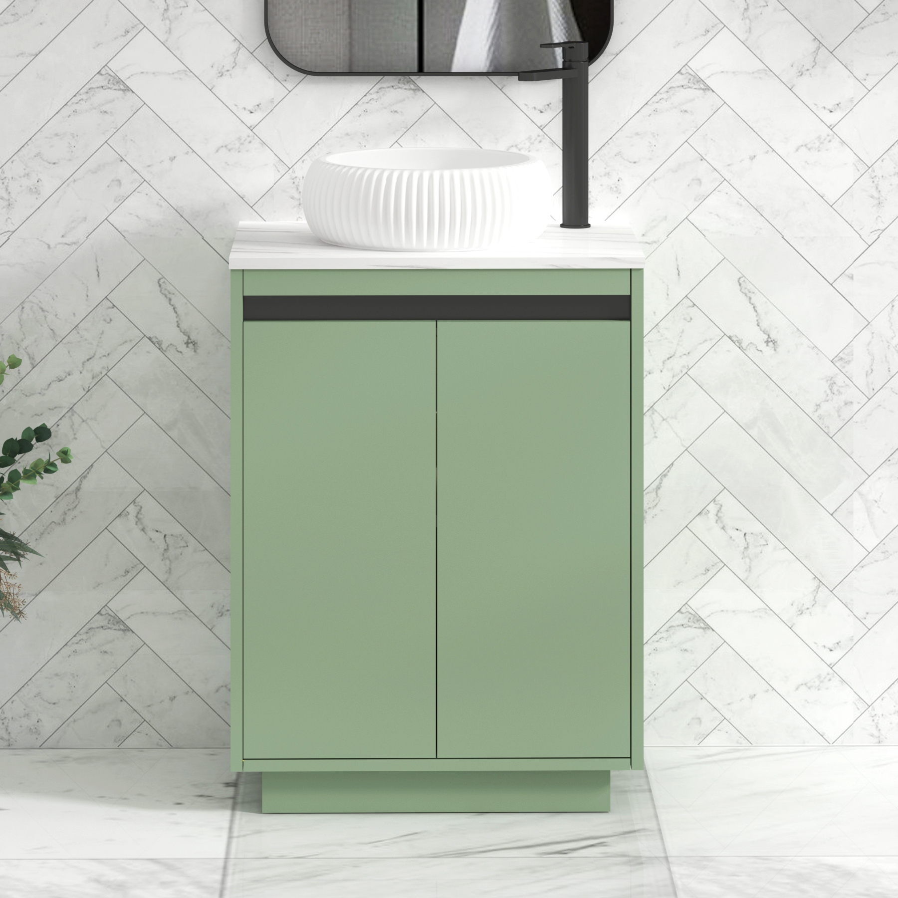 Orion 600mm Mint Green Floor Standing Countertop Vanity Unit 2 Door with Milan Basin & Black Strip