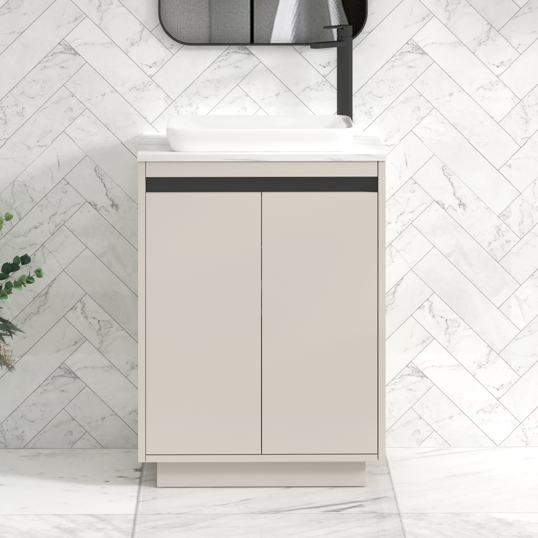 Orion 600mm Beige Floor Standing Countertop Vanity Unit 2 Door with Qubix Basin & Black Strip