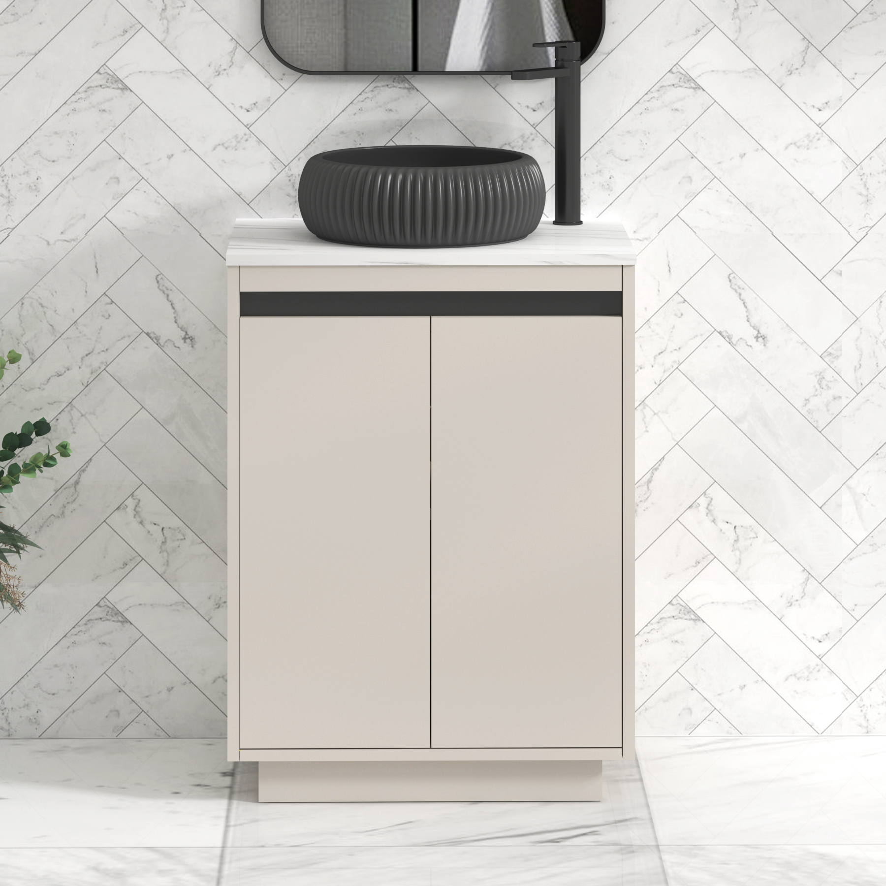 Orion 600mm Warm Taupe Floor Standing Countertop Vanity Unit 2 Door with Milan Black Basin & Black Accent Trim