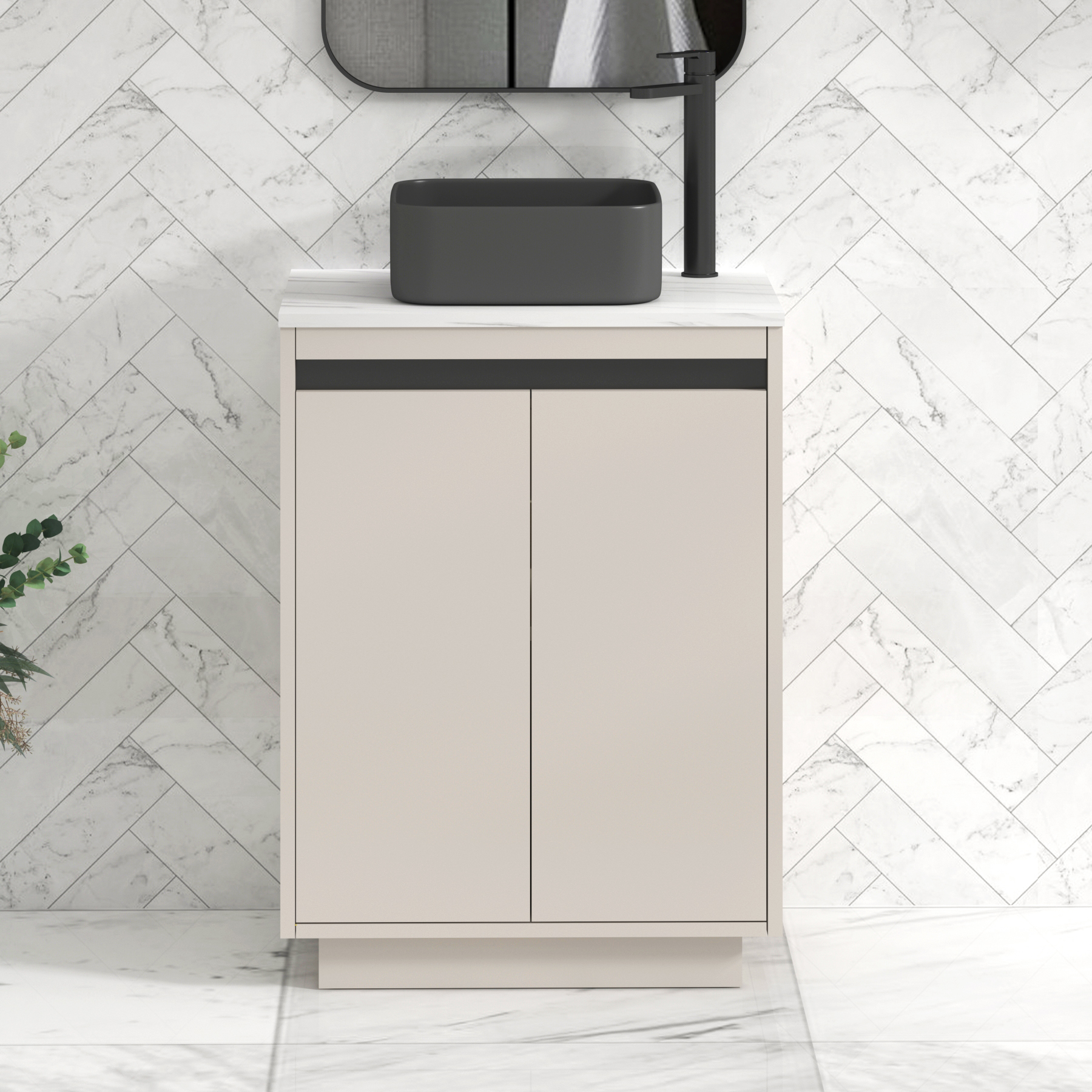 Orion 600mm Warm Taupe Floor Standing Countertop Vanity Unit 2 Door with Art Square Basin & Black Accent Trim