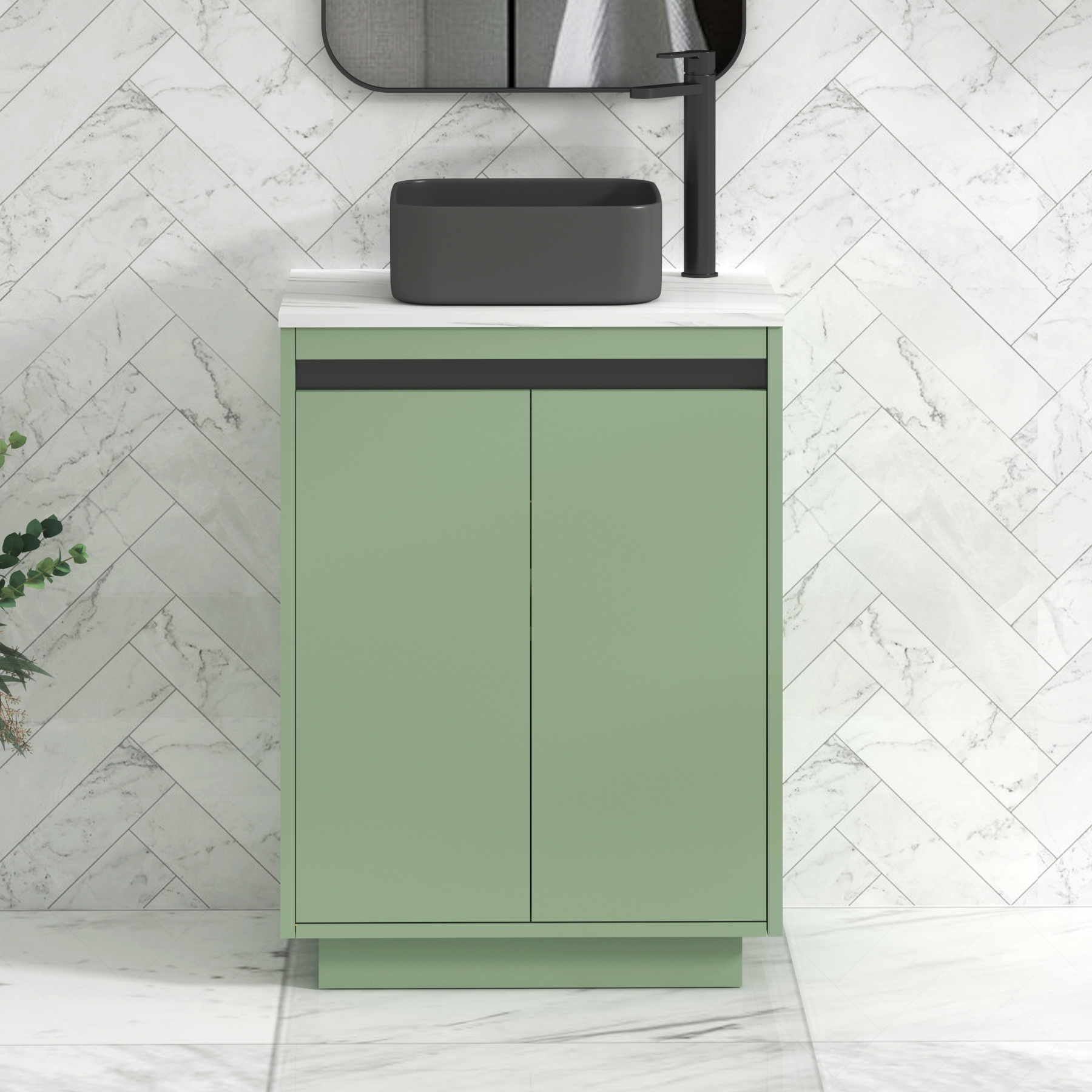 Orion 600mm Mint Green Floor Standing Countertop Vanity Unit 2 Door with Art Square Basin & Black Strip