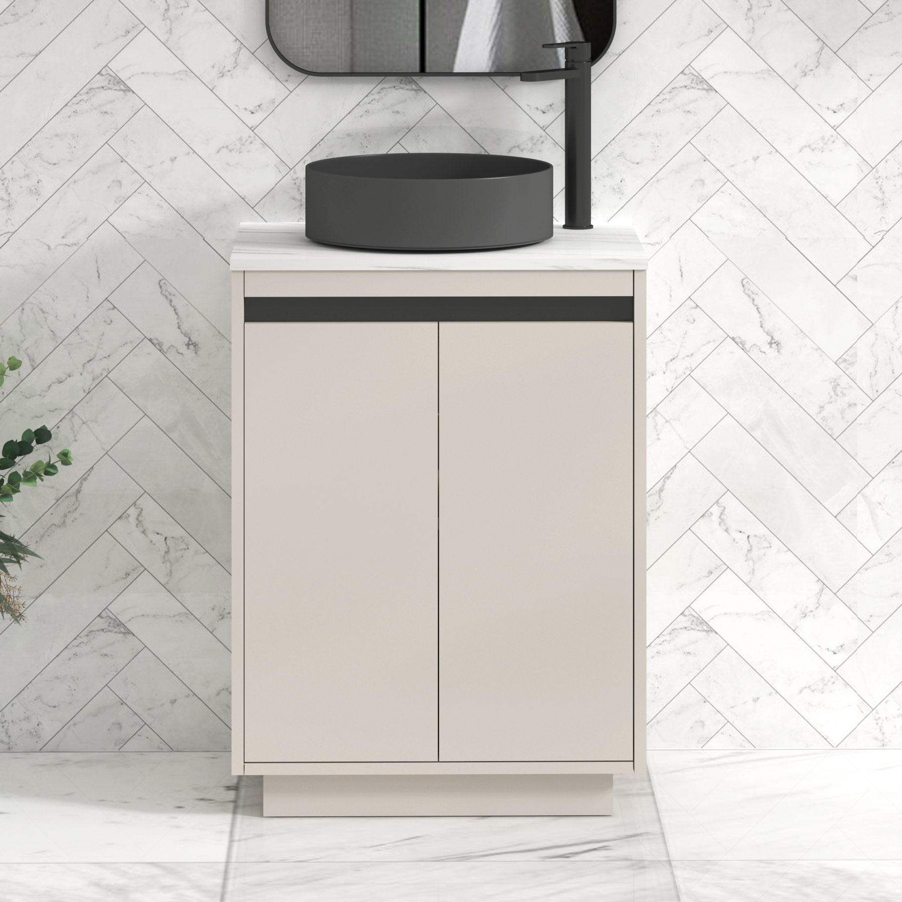 Orion 600mm Warm Taupe Floor Standing Countertop Vanity Unit 2 Door with Art Round Basin & Black Accent Trim