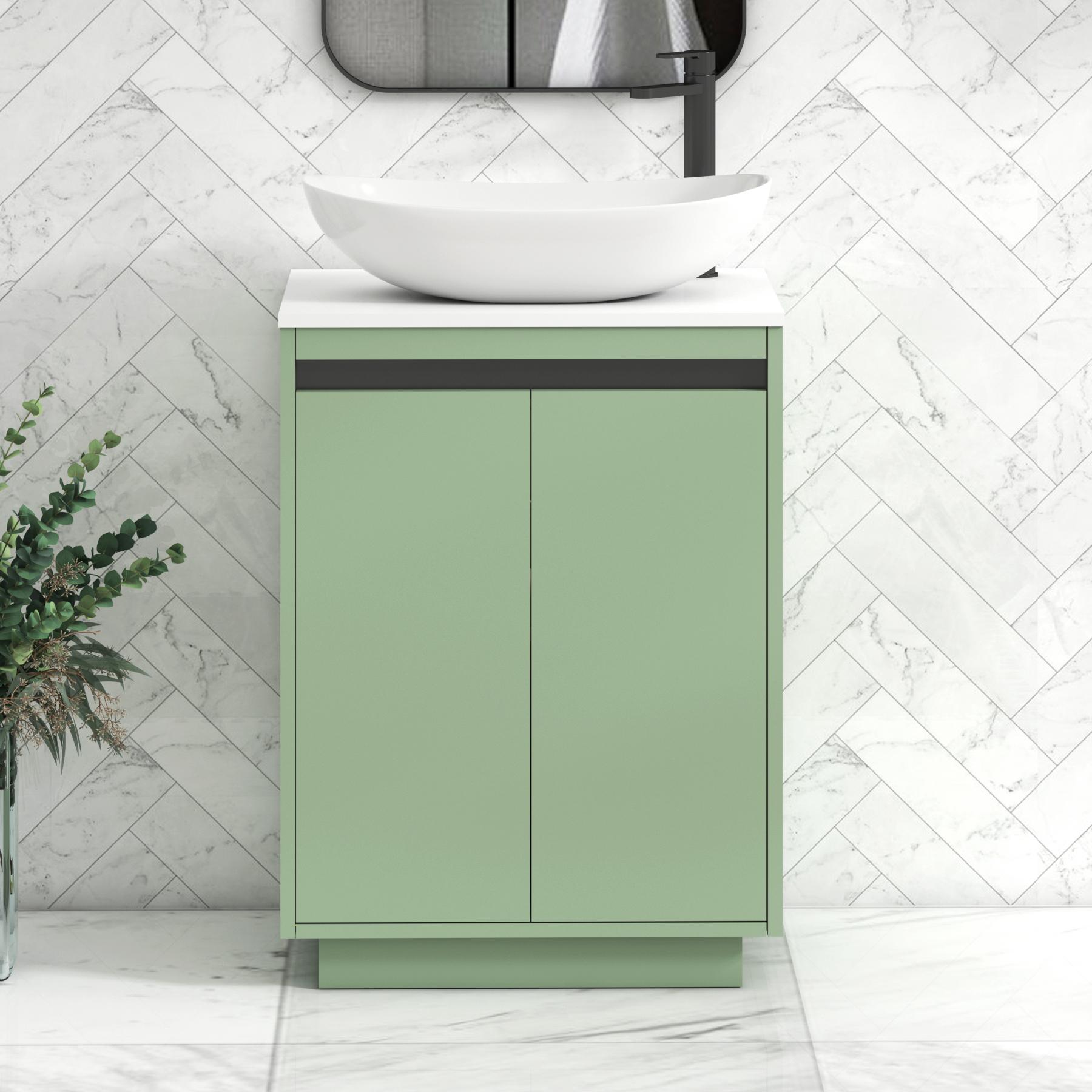 Orion 2 Door Mint Sage Floor Standing Vanity Unit with Plain White Top & Countertop Basin | Black Accent Trim