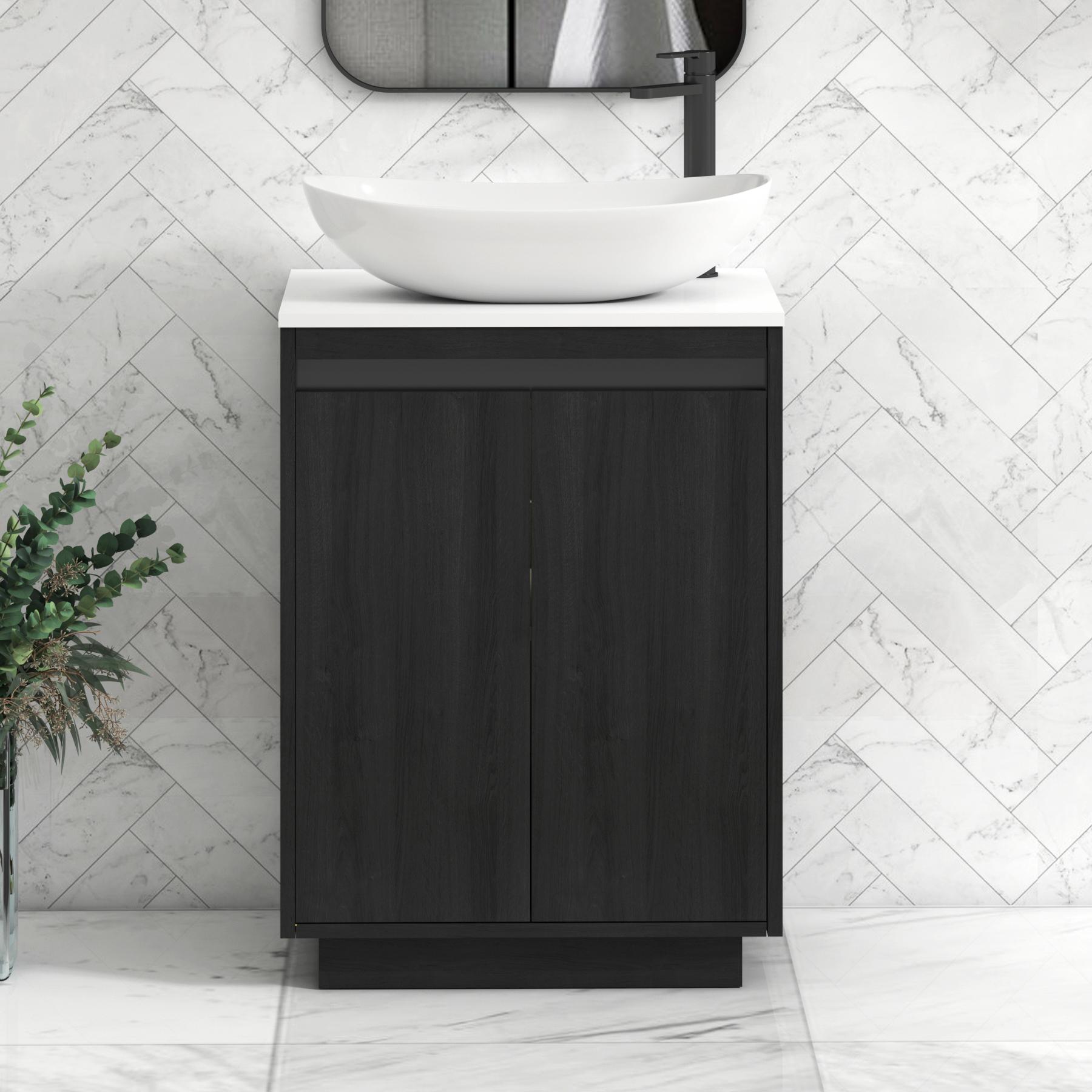 Orion 2 Door Hale Black Floor Standing Vanity Unit with Plain White Top & Countertop Basin | Black Accent Trim