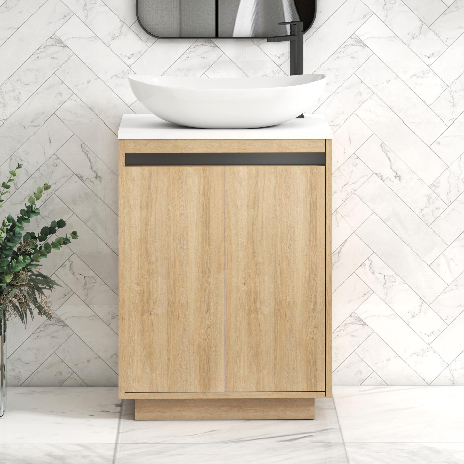 Orion 2 Door Natural Oak Floor Standing Vanity Unit with Plain White Top & Countertop Basin | Black Accent Trim