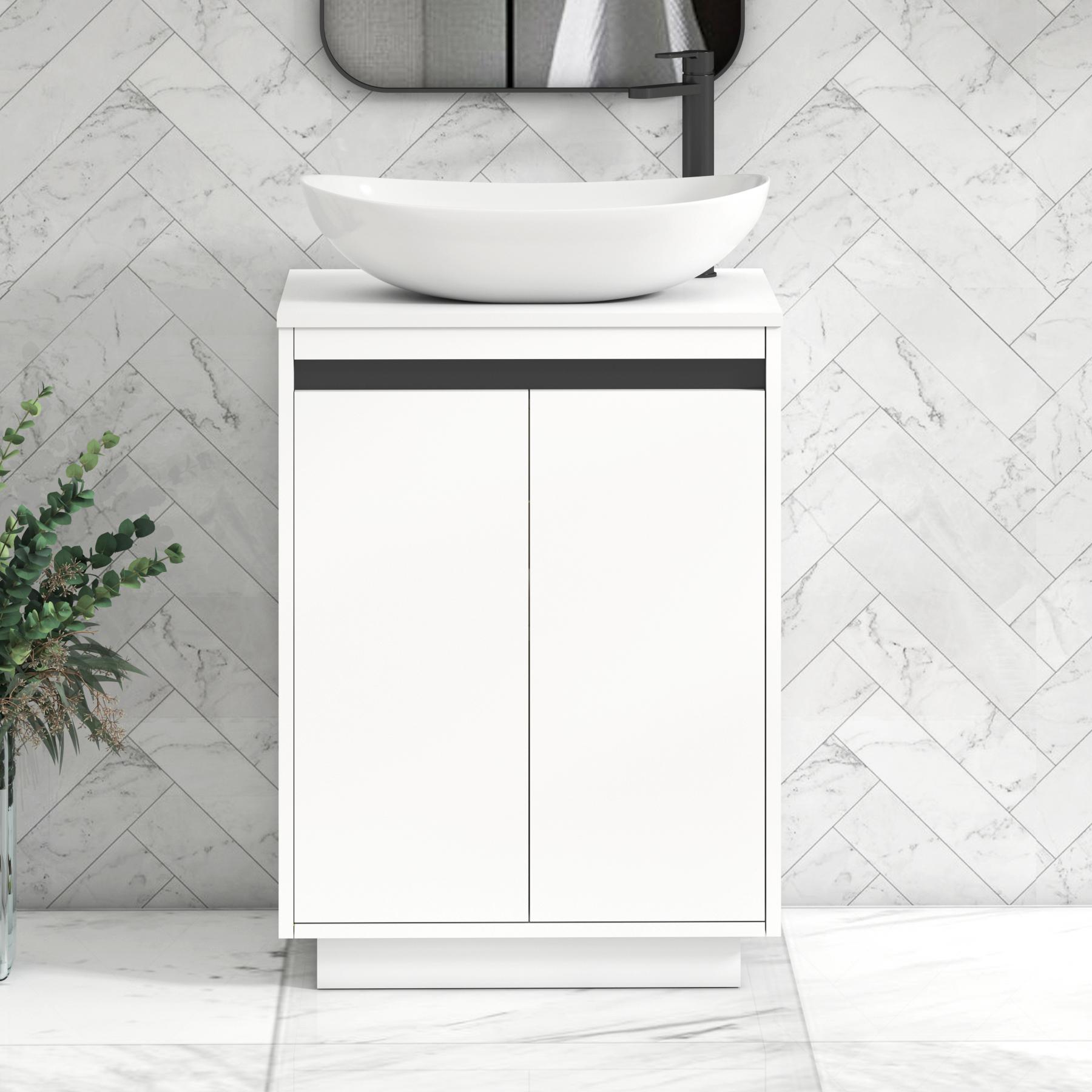 Orion 2 Door Matt White Floor Standing Vanity Unit with Plain White Top & Countertop Basin | Black Accent Trim