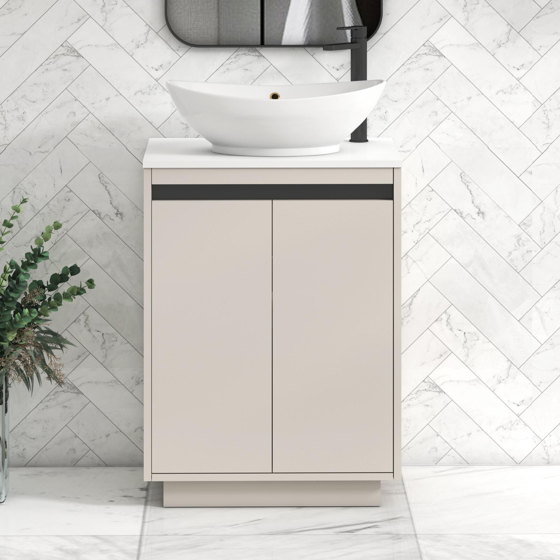 Orion 2 Door Warm Taupe Floor Standing Vanity Unit with Plain White Top & Countertop Basin | Black Accent Trim