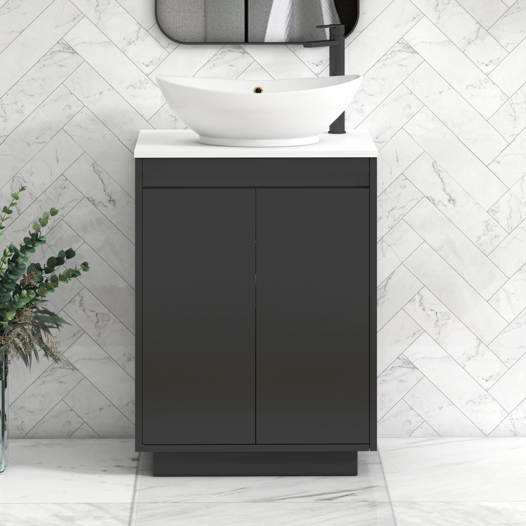 Orion 2 Door Matt Obsidian Black Floor Standing Vanity Unit with Plain White Top & Countertop Basin | Black Accent Trim