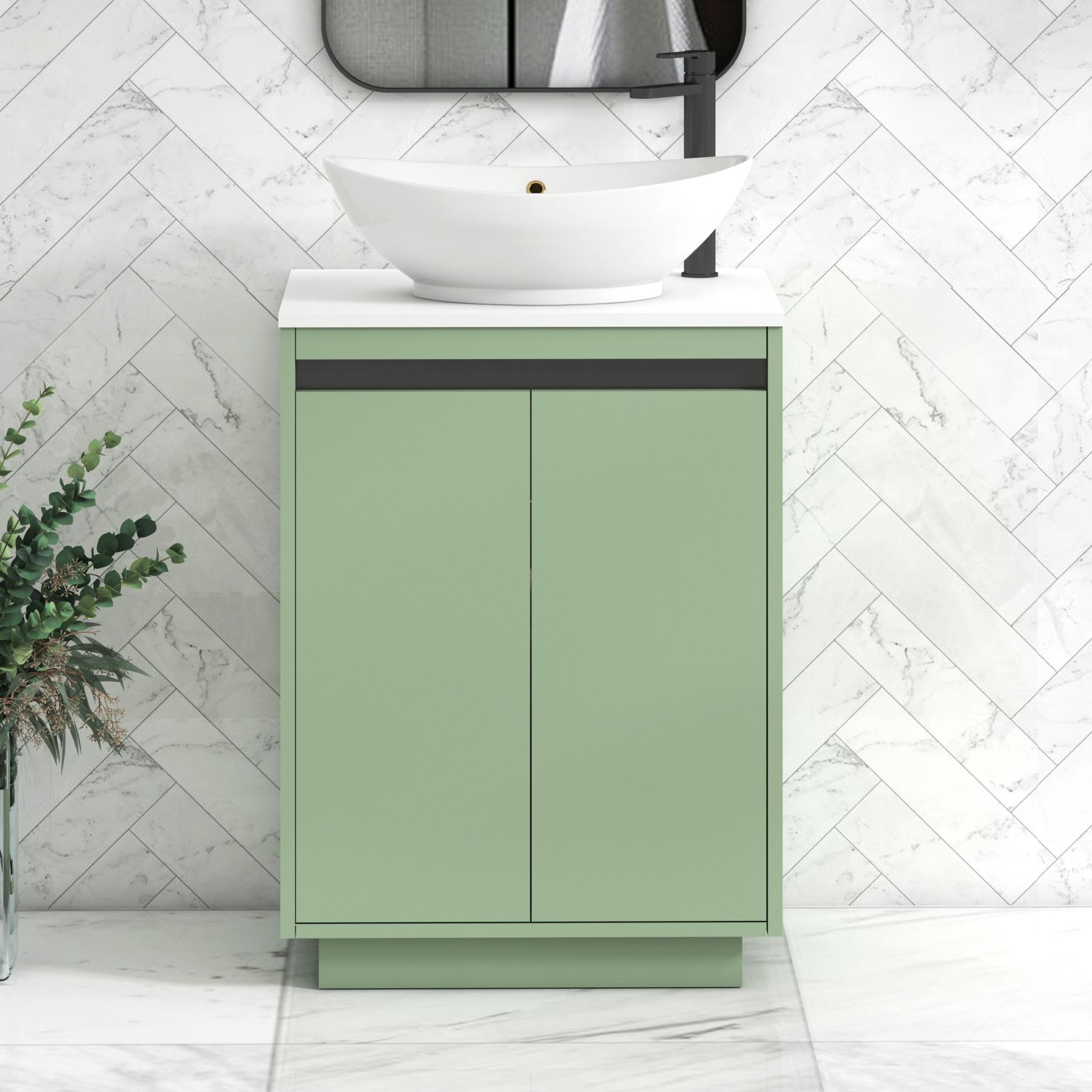 Orion 2 Door Mint Sage Floor Standing Vanity Unit with Plain White Top & Countertop Basin | Black Accent Trim