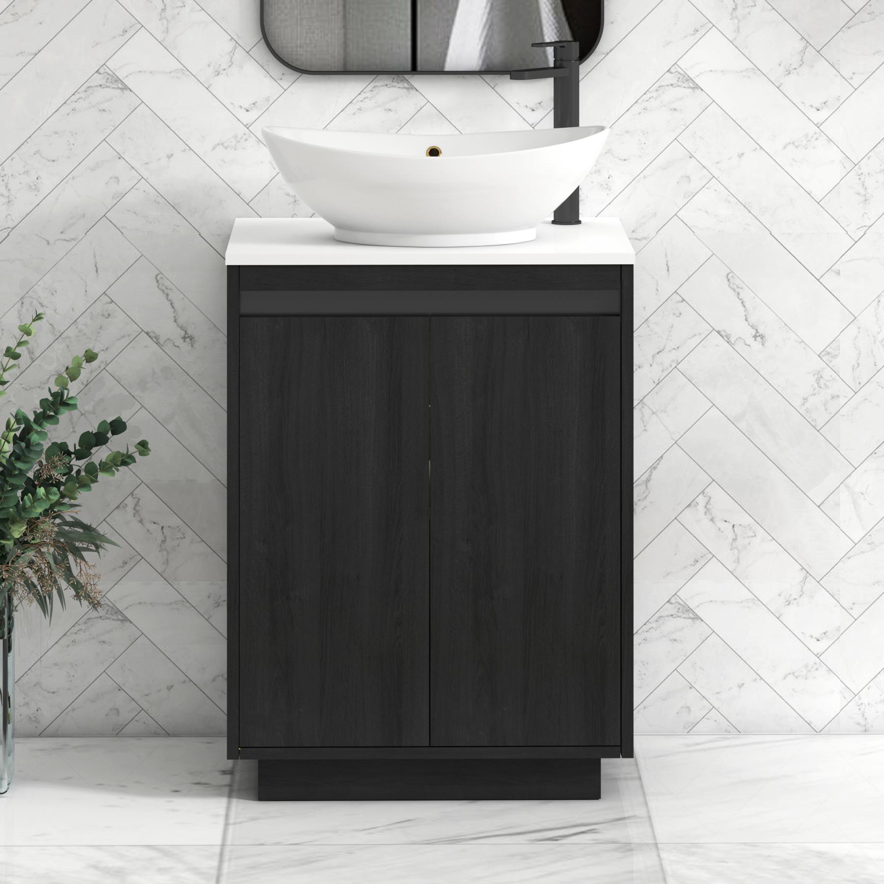 Orion 2 Door Hale Black Floor Standing Vanity Unit with Plain White Top & Countertop Basin | Black Accent Trim