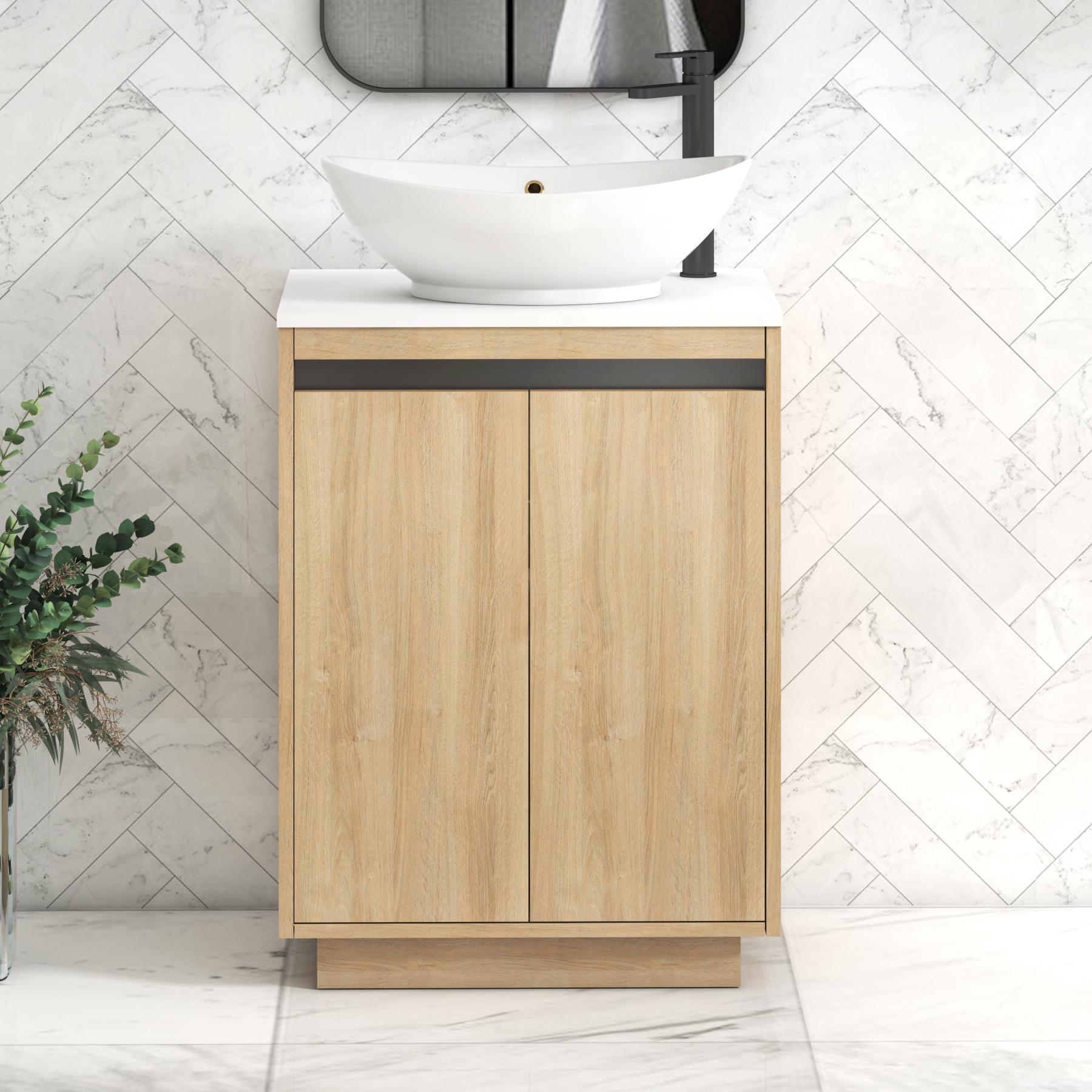 Orion 2 Door Natural Oak Floor Standing Vanity Unit with Plain White Top & Countertop Basin | Black Accent Trim