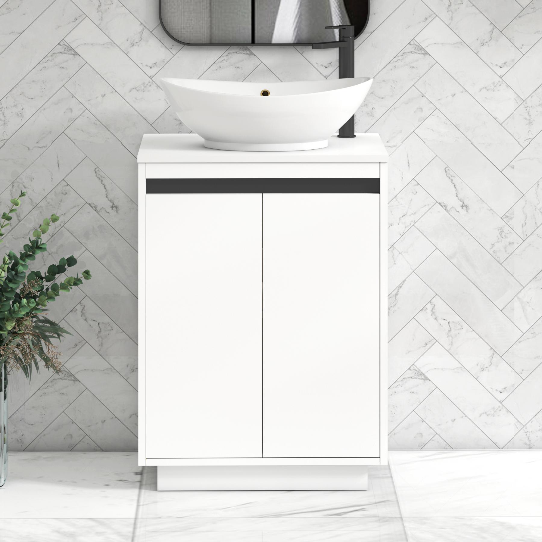Orion 2 Door Matt White Floor Standing Vanity Unit with Plain White Top & Countertop Basin | Black Accent Trim