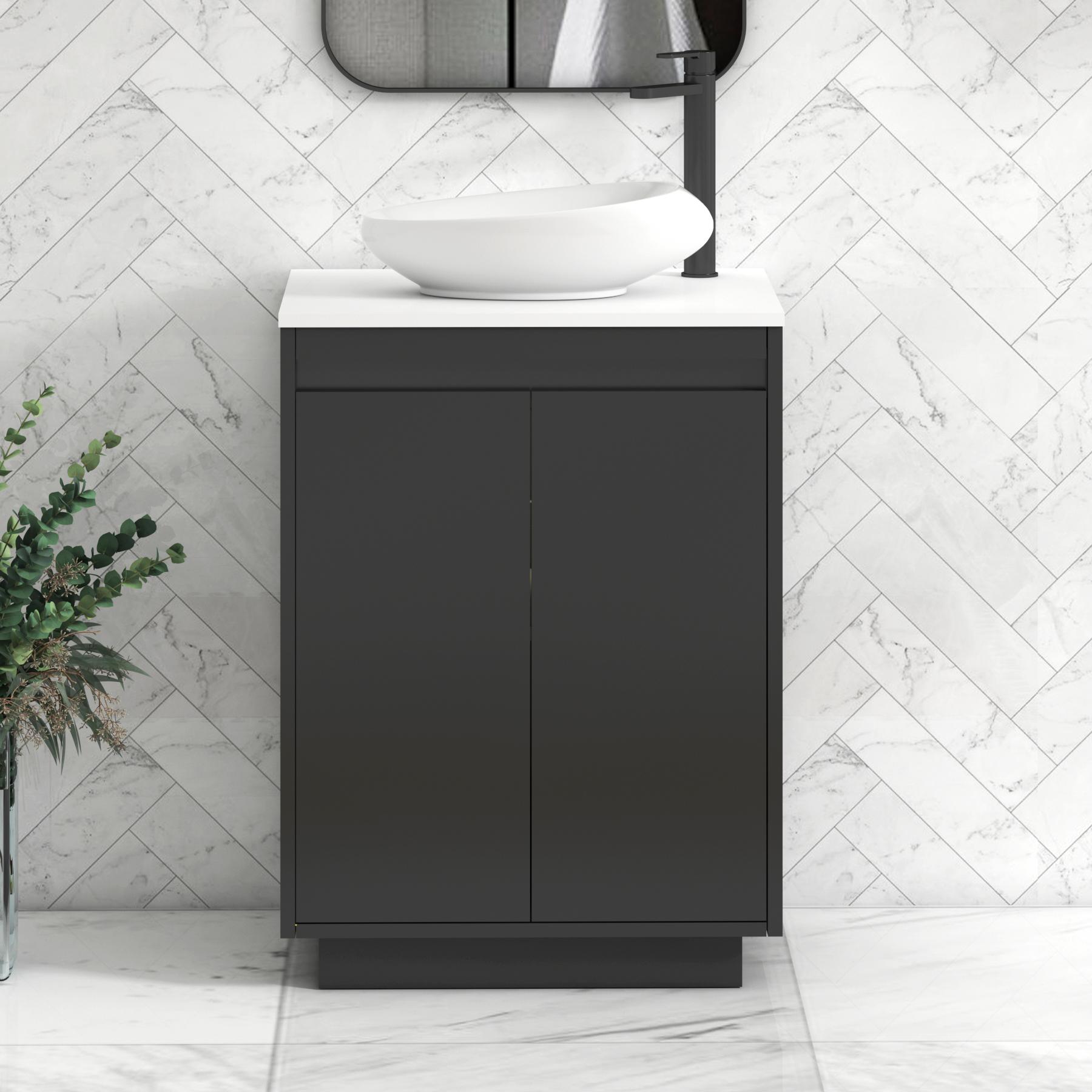 Orion 2 Door Matt Obsidian Black Floor Standing Vanity Unit with Plain White Top & Countertop Basin | Black Accent Trim