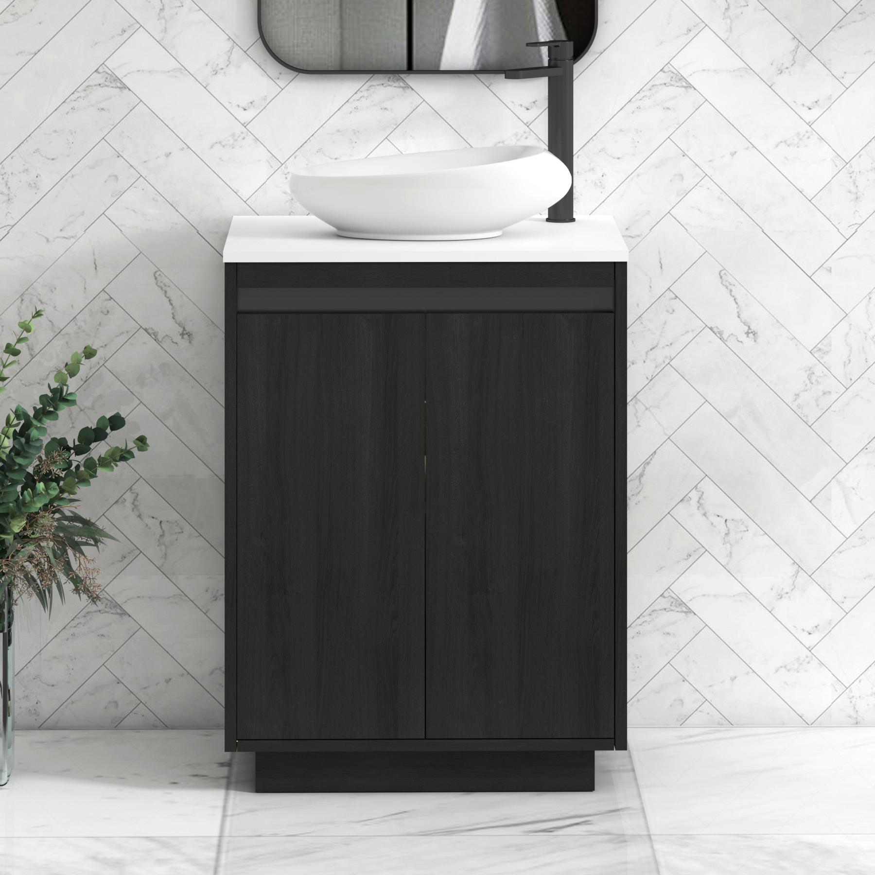 Orion 2 Door Hale Black Floor Standing Vanity Unit with Plain White Top & Countertop Basin | Black Accent Trim