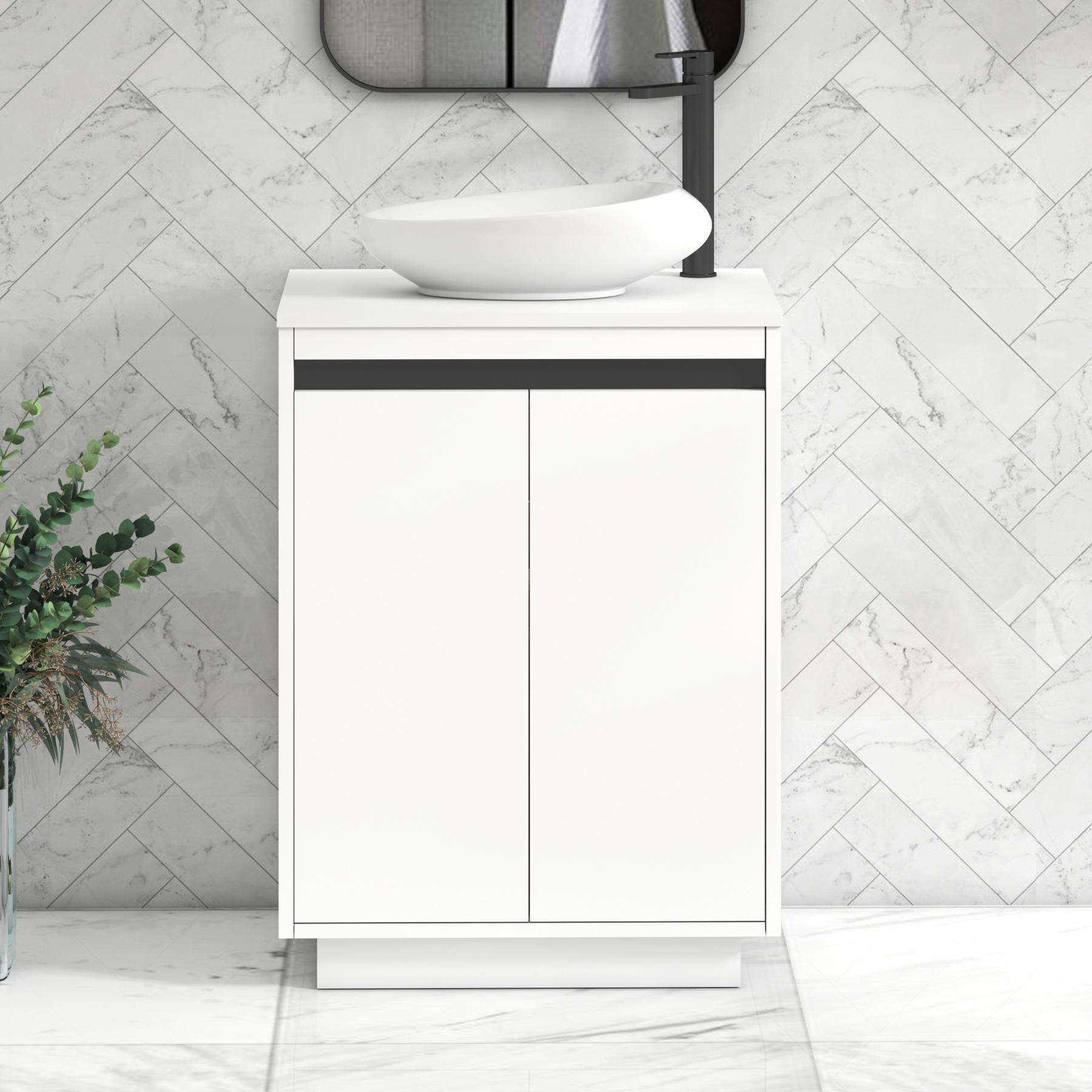 Orion 2 Door Matt White Floor Standing Vanity Unit with Plain White Top & Countertop Basin | Black Accent Trim