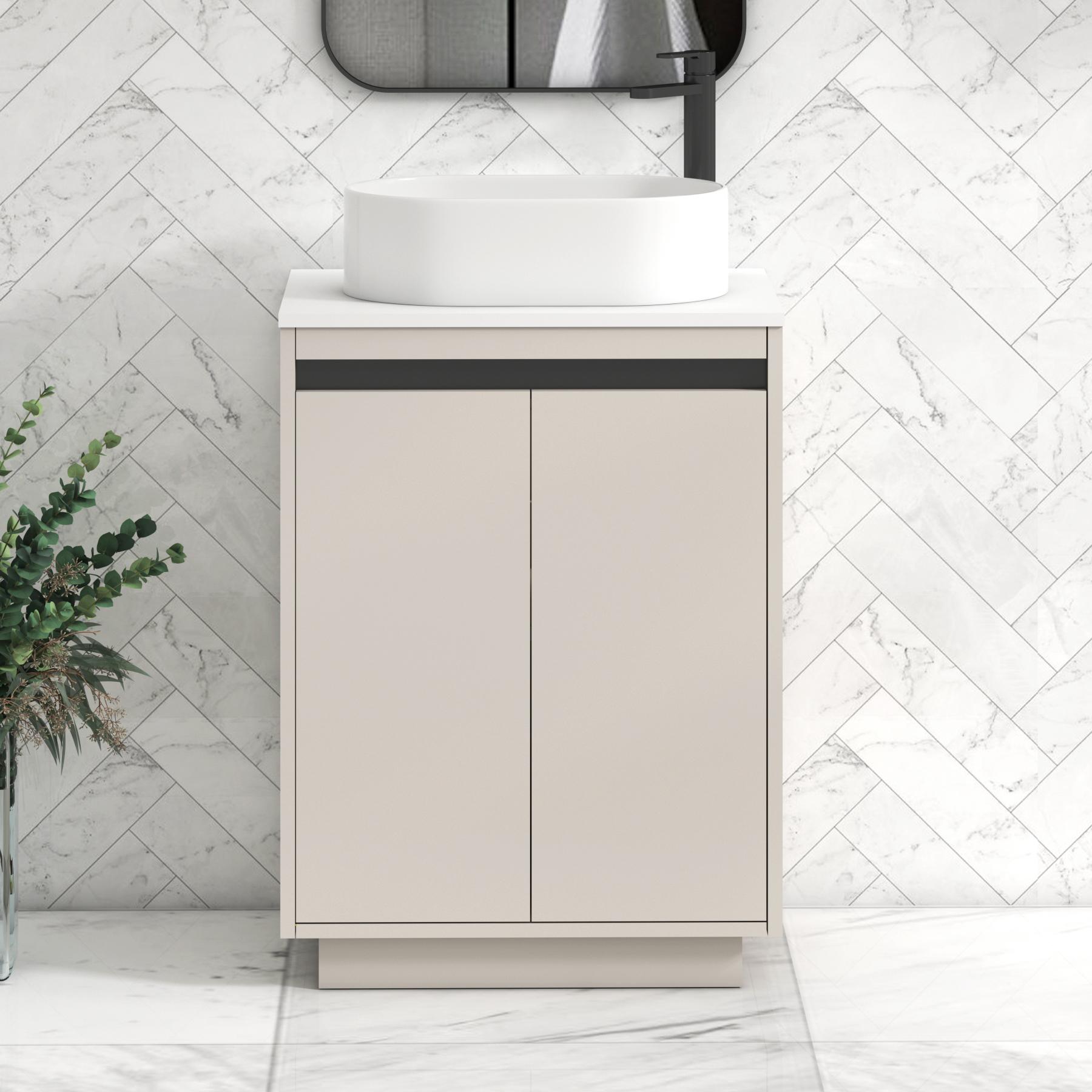 Orion 2 Door Warm Taupe Floor Standing Vanity Unit with Plain White Top & Countertop Basin | Black Accent Trim
