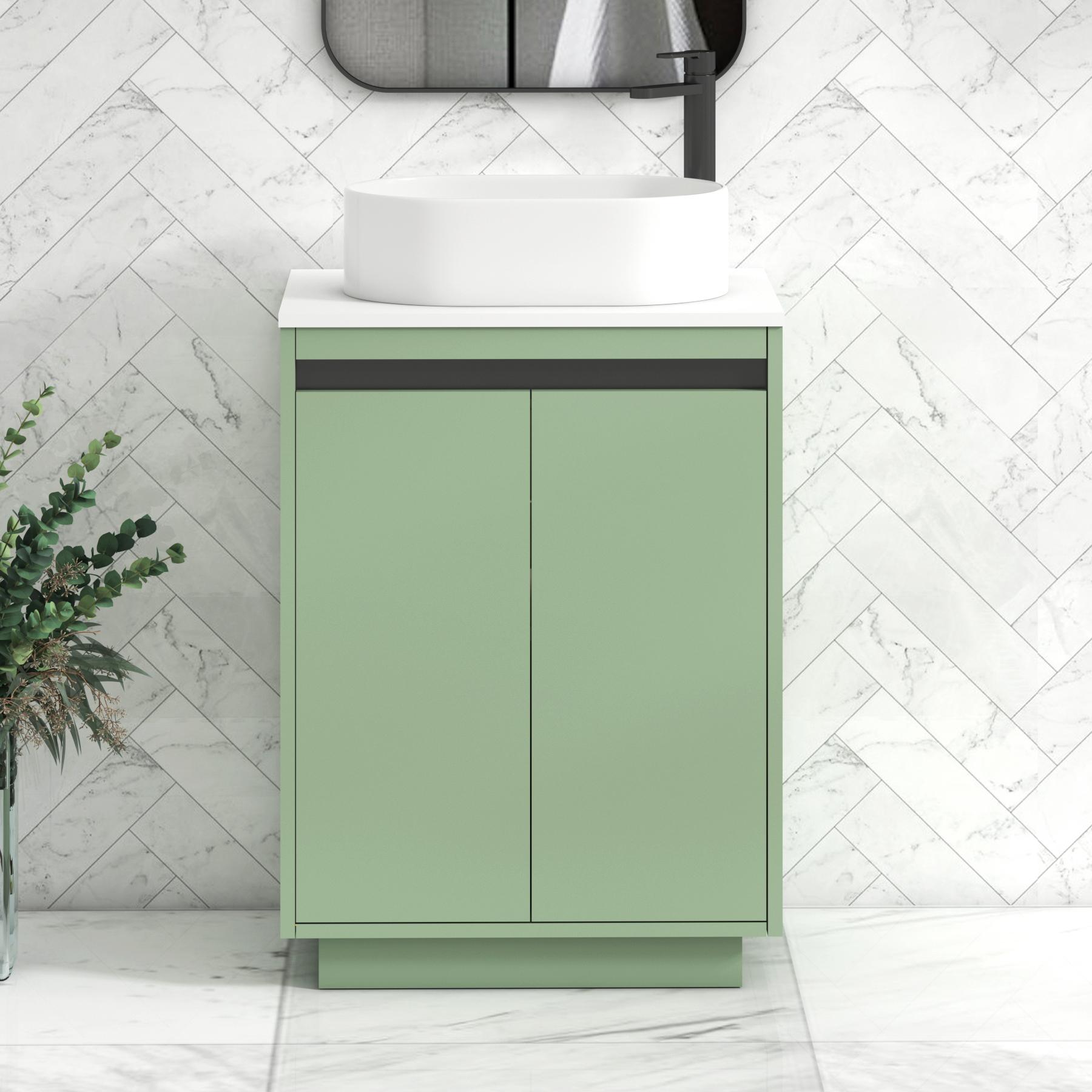 Orion 2 Door Mint Sage Floor Standing Vanity Unit with Plain White Top & Countertop Basin | Black Accent Trim