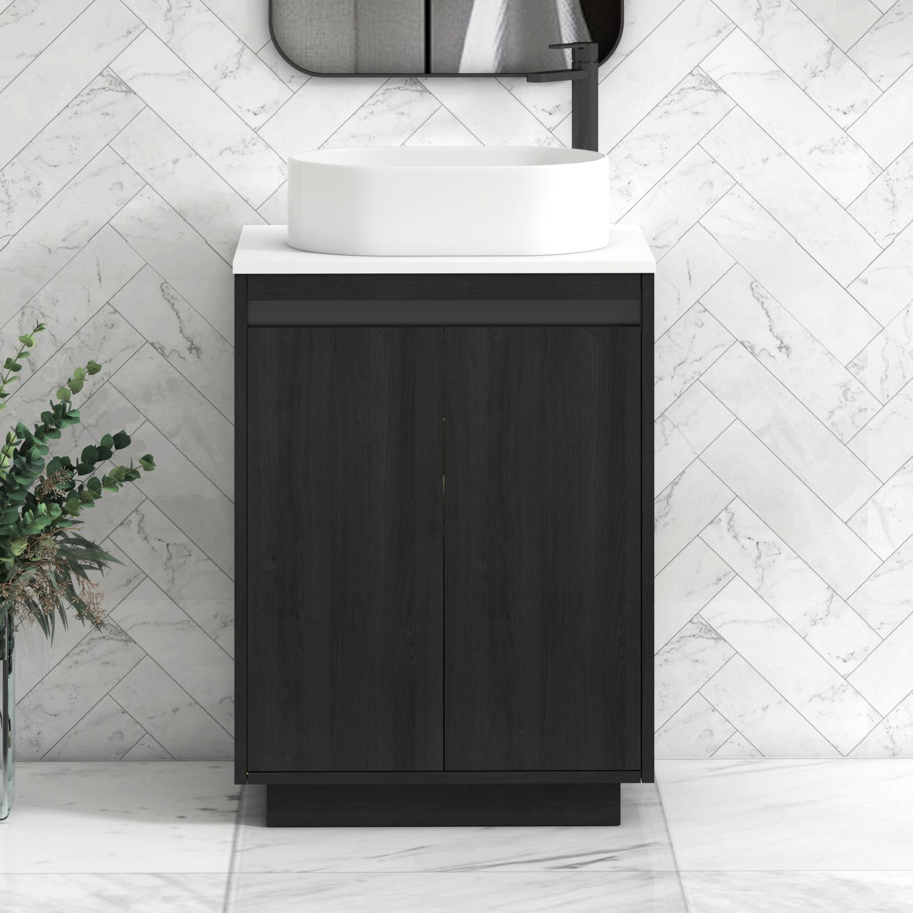 Orion 2 Door Hale Black Floor Standing Vanity Unit with Plain White Top & Countertop Basin | Black Accent Trim