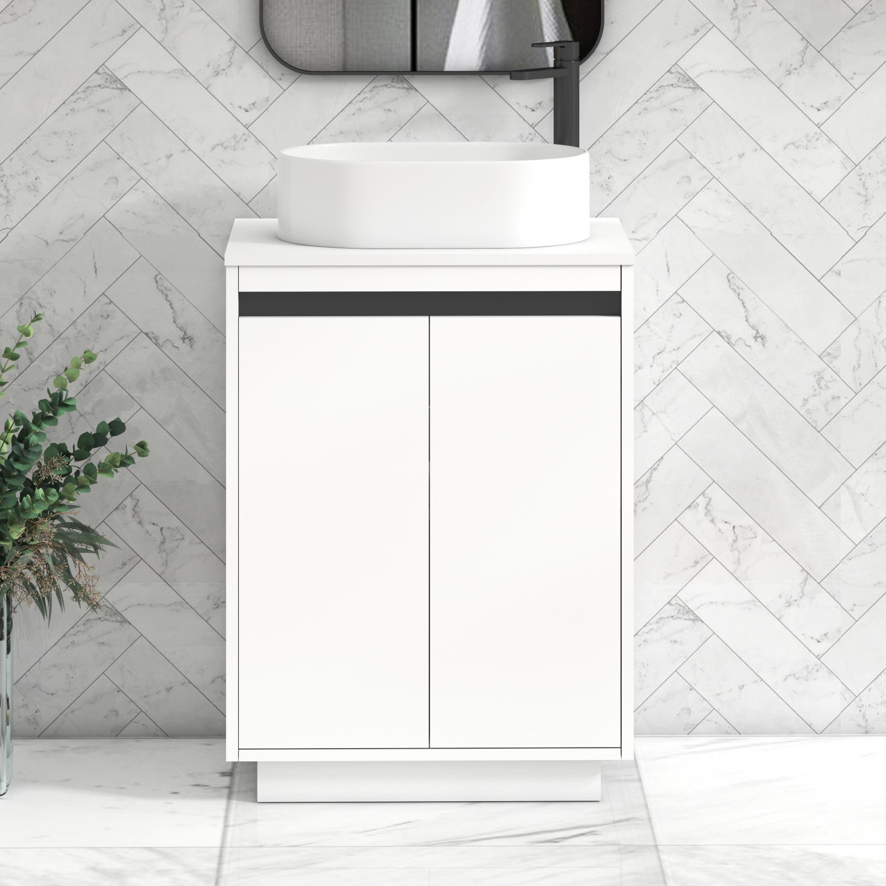 Orion 2 Door Matt White Floor Standing Vanity Unit with Plain White Top & Countertop Basin | Black Accent Trim