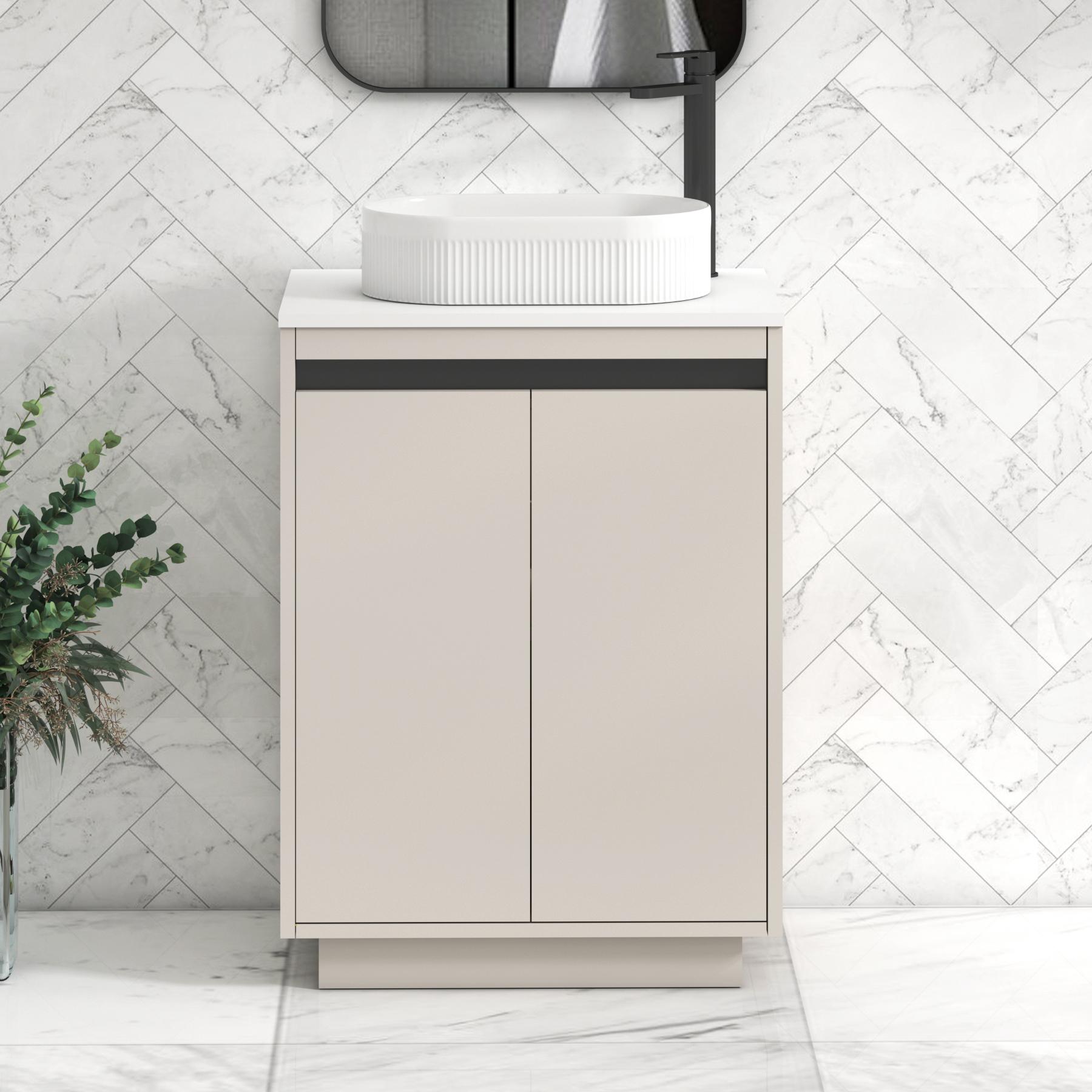 Orion 2 Door Warm Taupe Floor Standing Vanity Unit with Plain White Top & Countertop Basin | Black Accent Trim