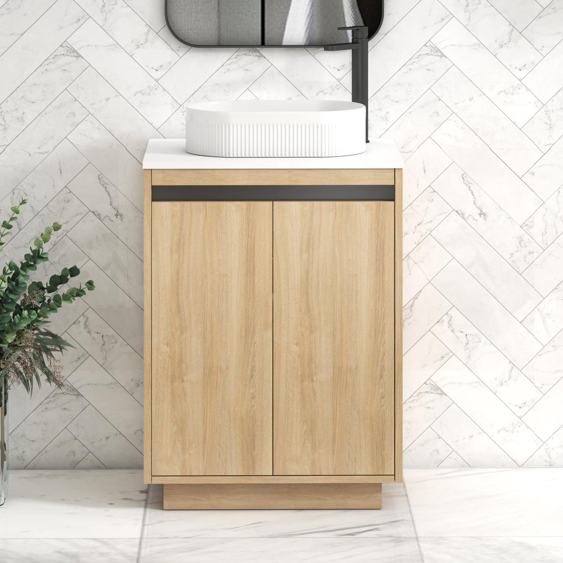 Orion 2 Door Natural Oak Floor Standing Vanity Unit with Plain White Top & Countertop Basin | Black Accent Trim