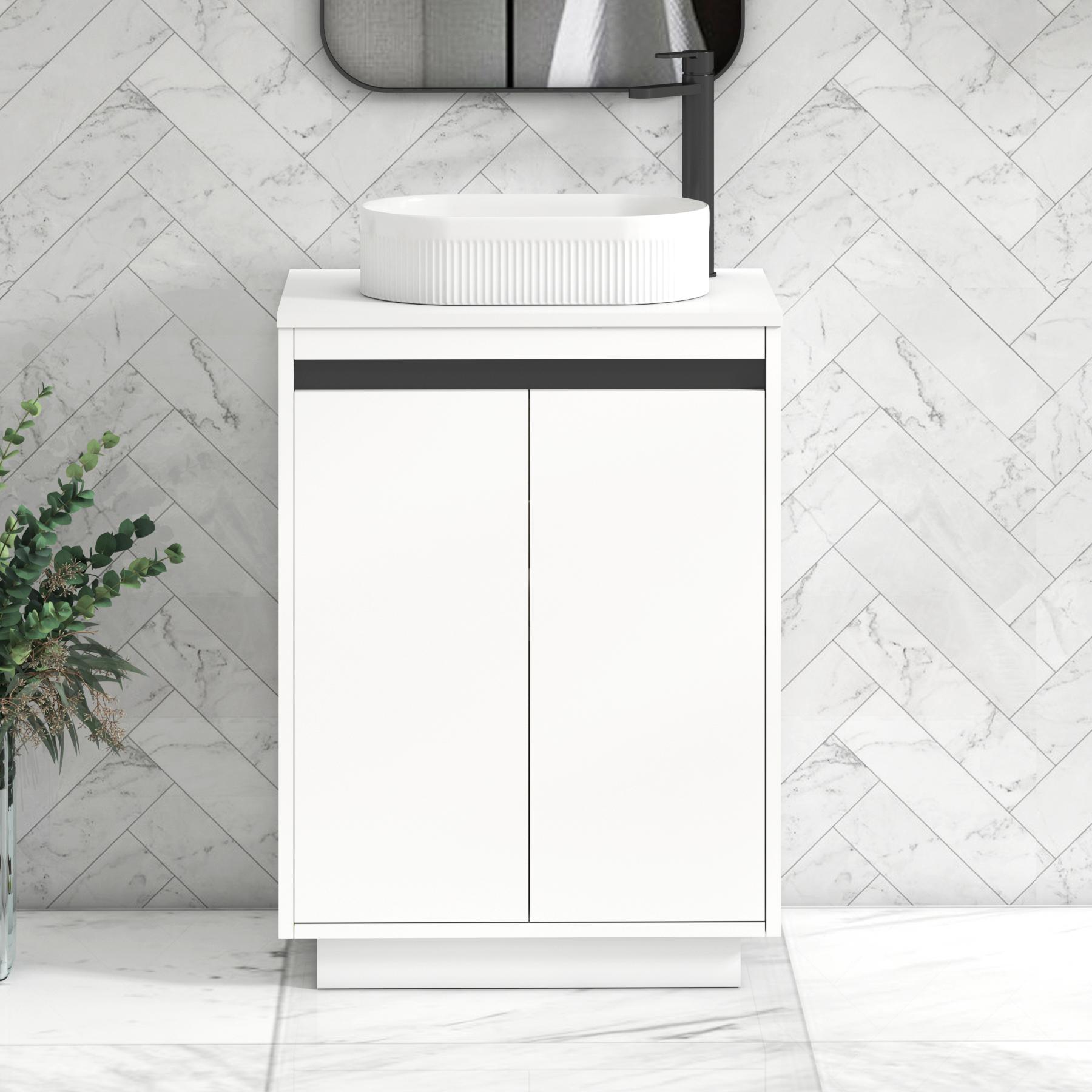 Orion 2 Door Matt White Floor Standing Vanity Unit with Plain White Top & Countertop Basin | Black Accent Trim