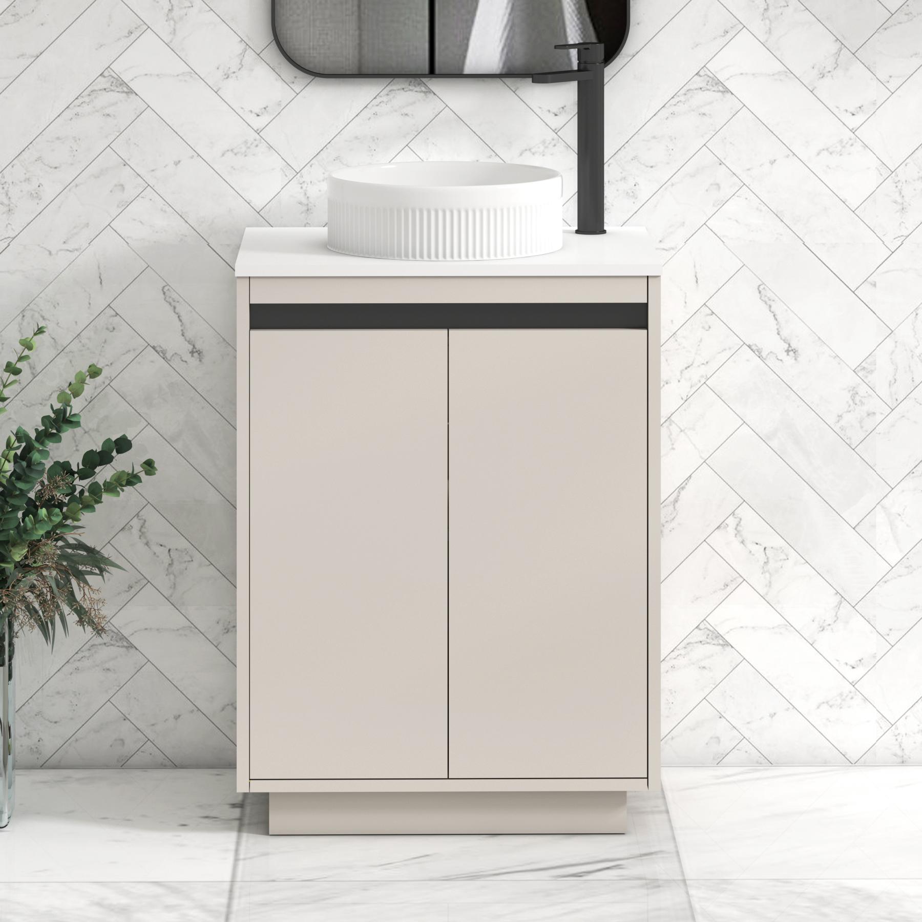 Orion 2 Door Warm Taupe Floor Standing Vanity Unit with Plain White Top & Countertop Basin | Black Accent Trim