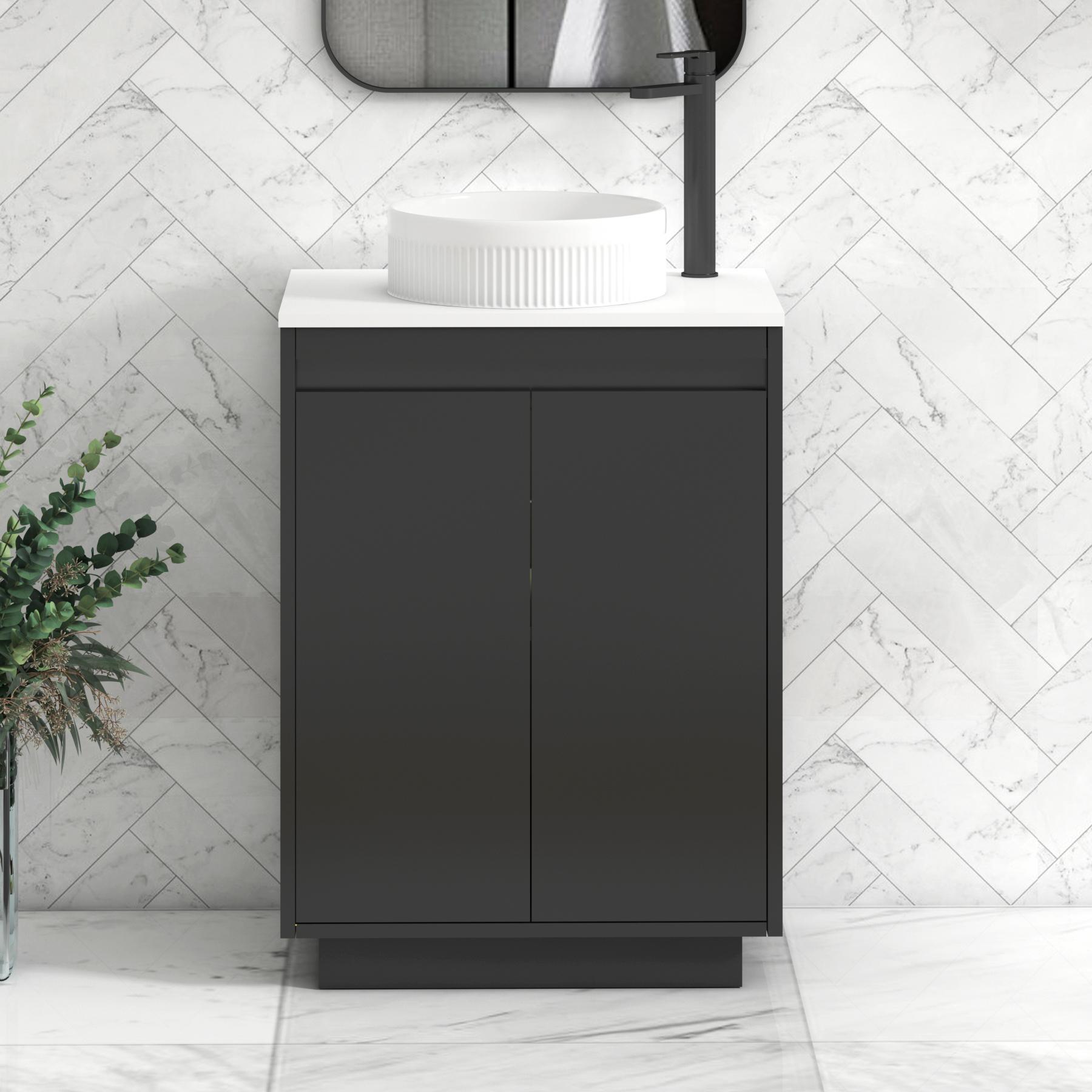 Orion 2 Door Matt Obsidian Black Floor Standing Vanity Unit with Plain White Top & Countertop Basin | Black Accent Trim