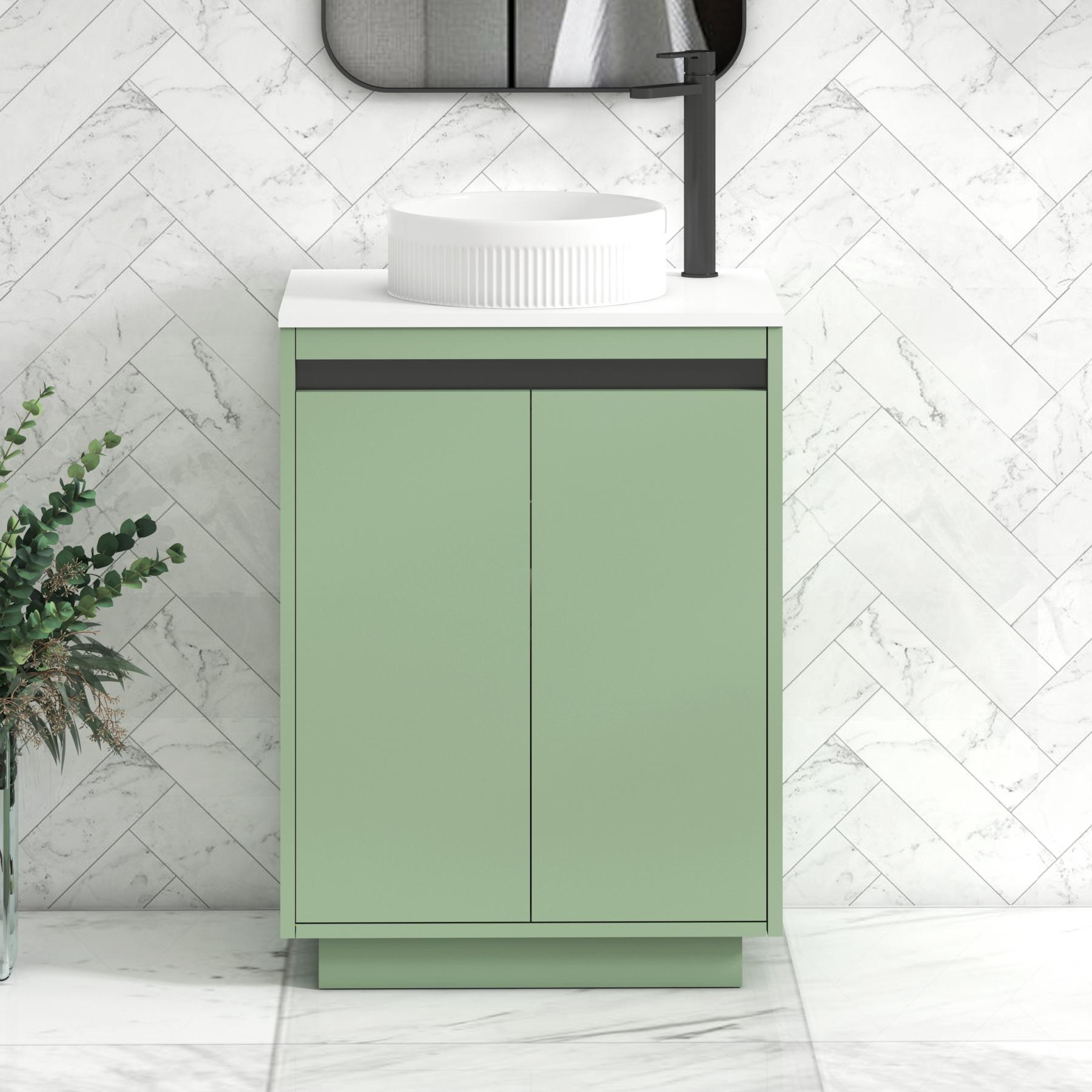 Orion 2 Door Mint Sage Floor Standing Vanity Unit with Plain White Top & Countertop Basin | Black Accent Trim