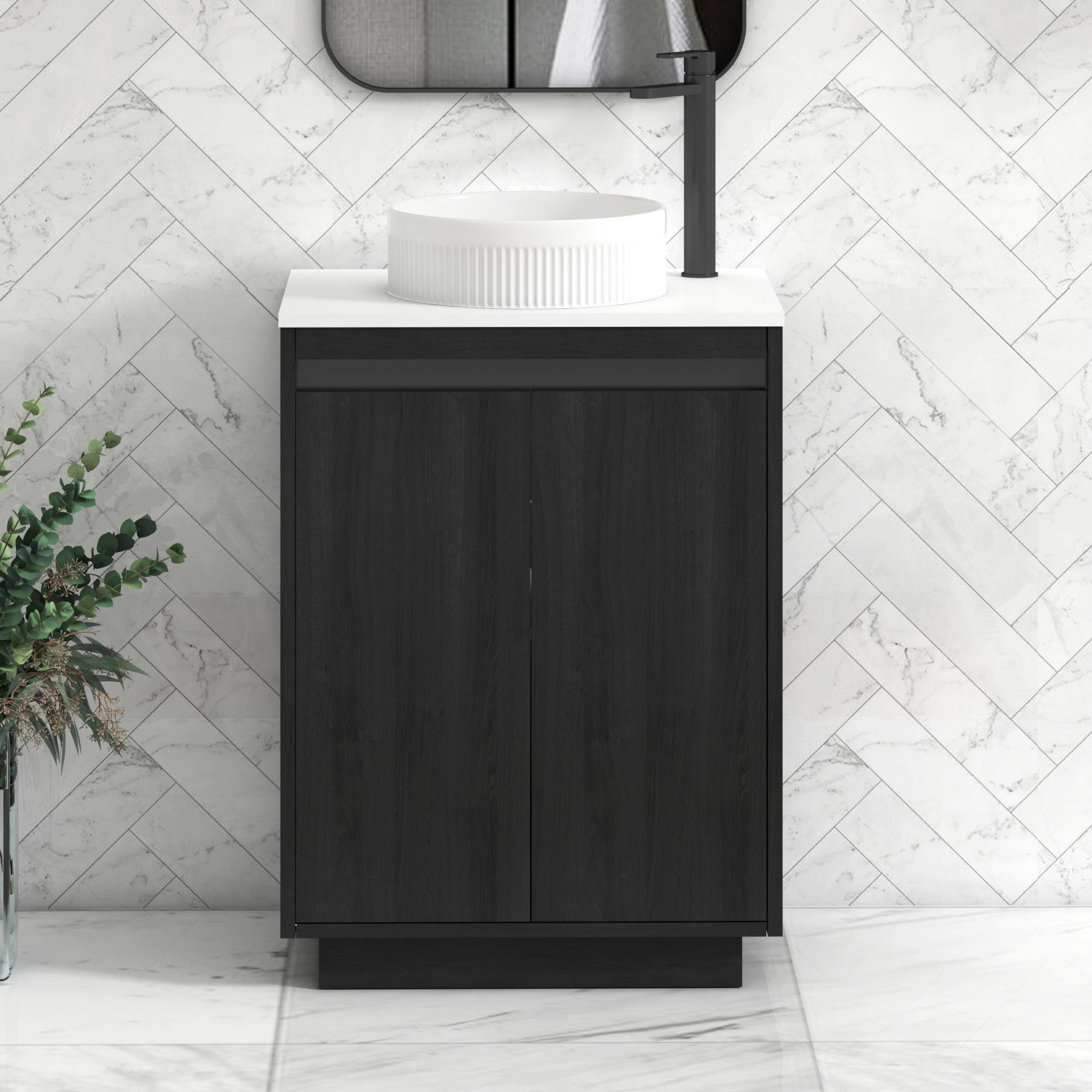 Orion 2 Door Hale Black Floor Standing Vanity Unit with Plain White Top & Countertop Basin | Black Accent Trim