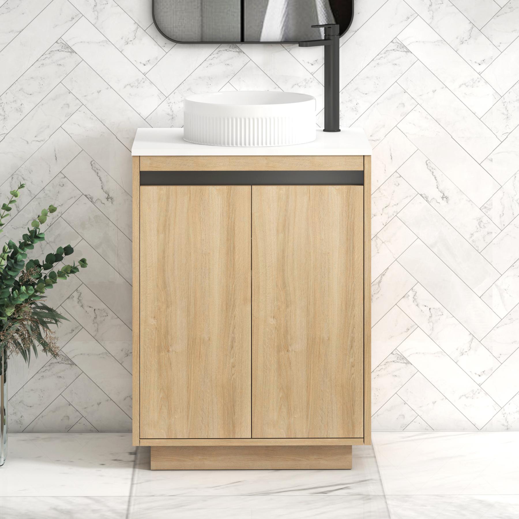 Orion 2 Door Natural Oak Floor Standing Vanity Unit with Plain White Top & Countertop Basin | Black Accent Trim